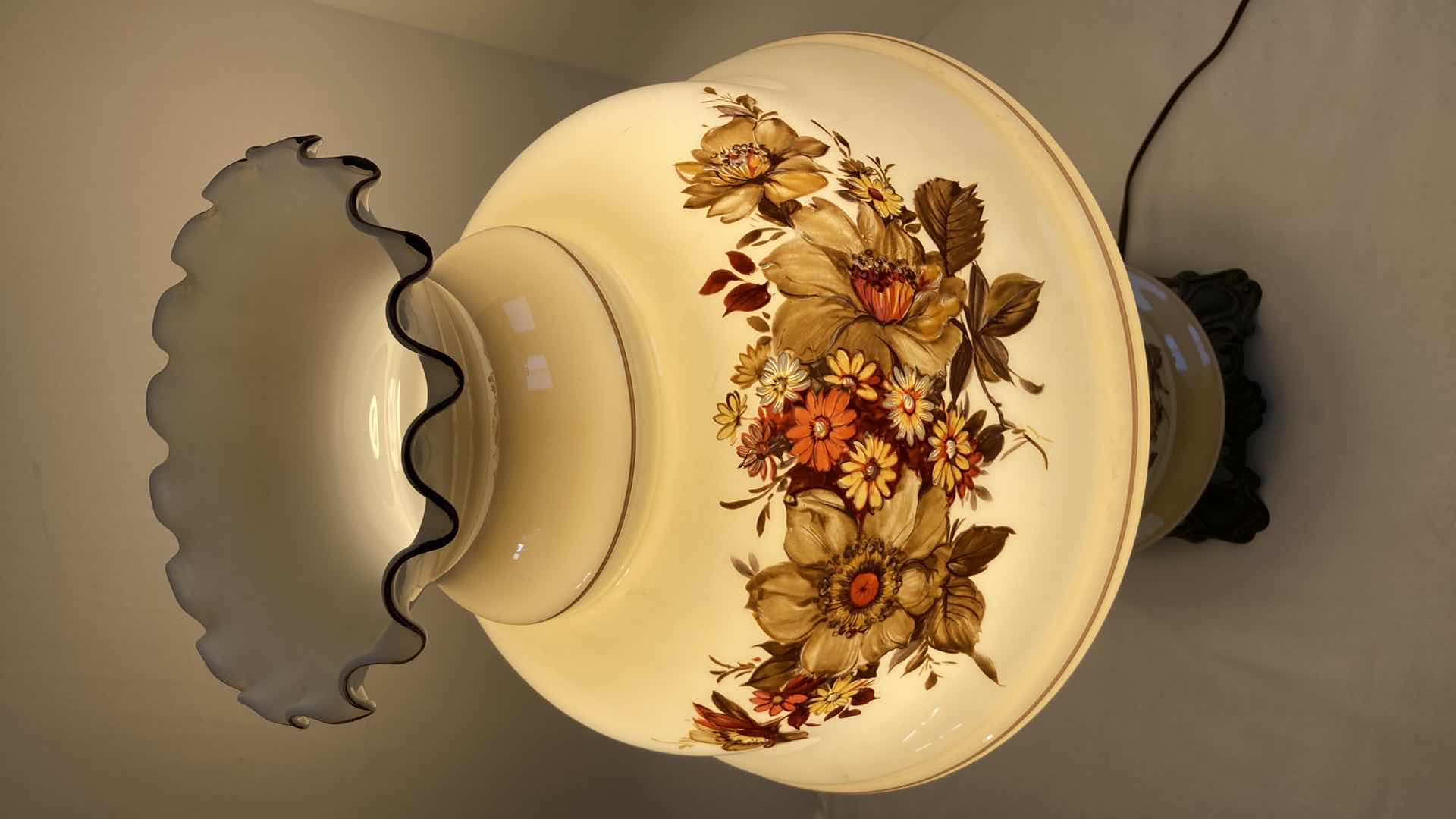 Photo 2 of HURRICANE STYLE FLORAL GLASS SHADE GLASS & METAL BASE TABLE LAMP 14” X 25”