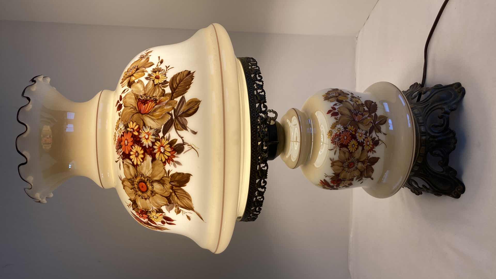 Photo 1 of HURRICANE STYLE FLORAL GLASS SHADE GLASS & METAL BASE TABLE LAMP 14” X 25”