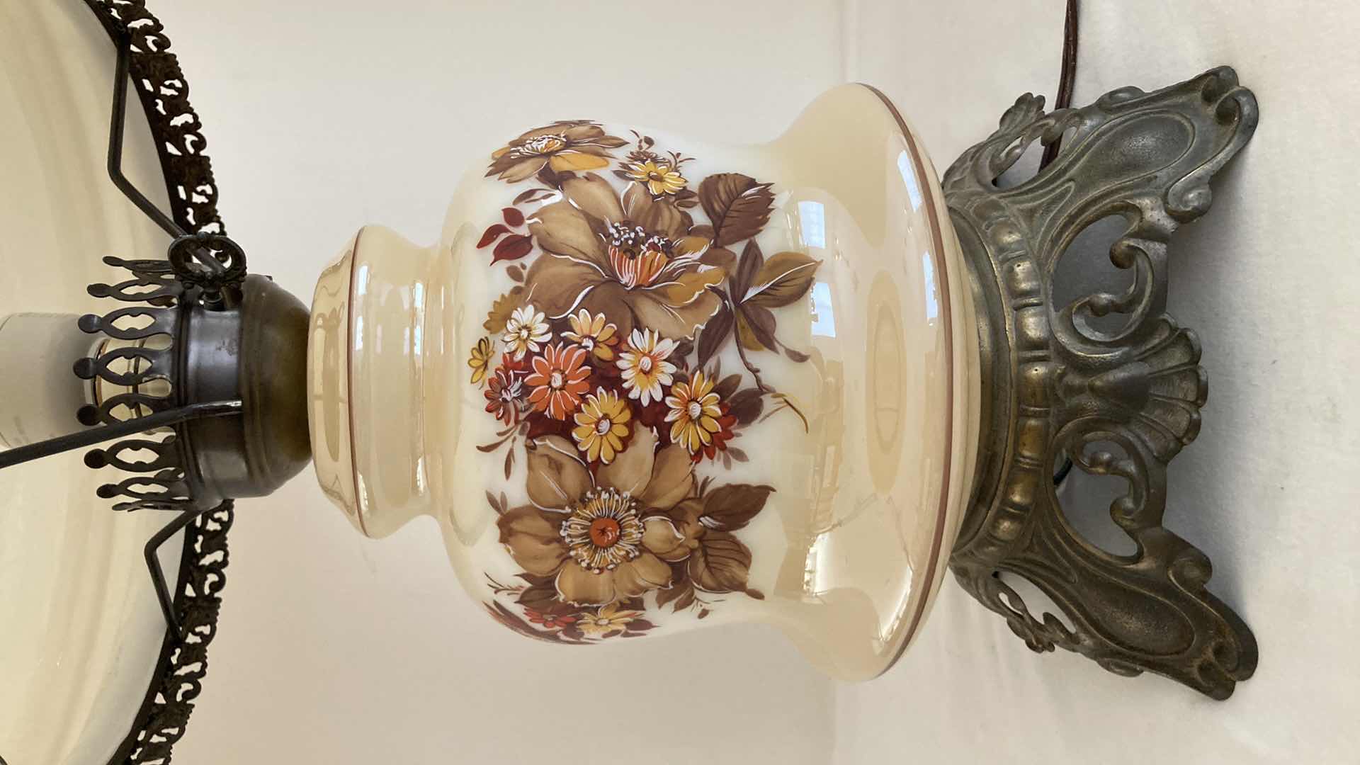 Photo 3 of HURRICANE STYLE FLORAL GLASS SHADE GLASS & METAL BASE TABLE LAMP 14” X 25”