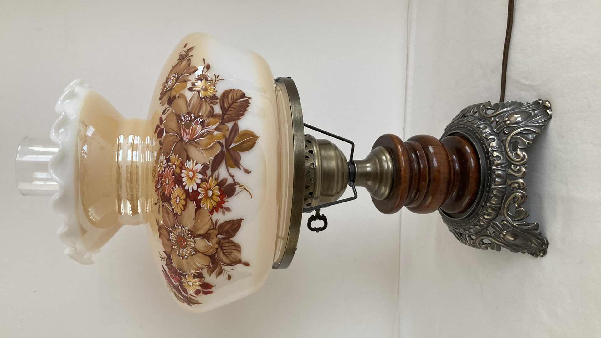 Photo 1 of HURRICANE STYLE FLORAL GLASS SHADE WOOD & METAL BASE TABLE LAMP 9” X 19”