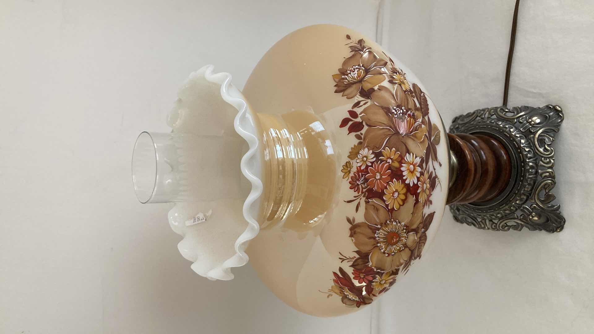 Photo 1 of HURRICANE STYLE FLORAL GLASS SHADE WOOD & METAL BASE TABLE LAMP 9” X 19”