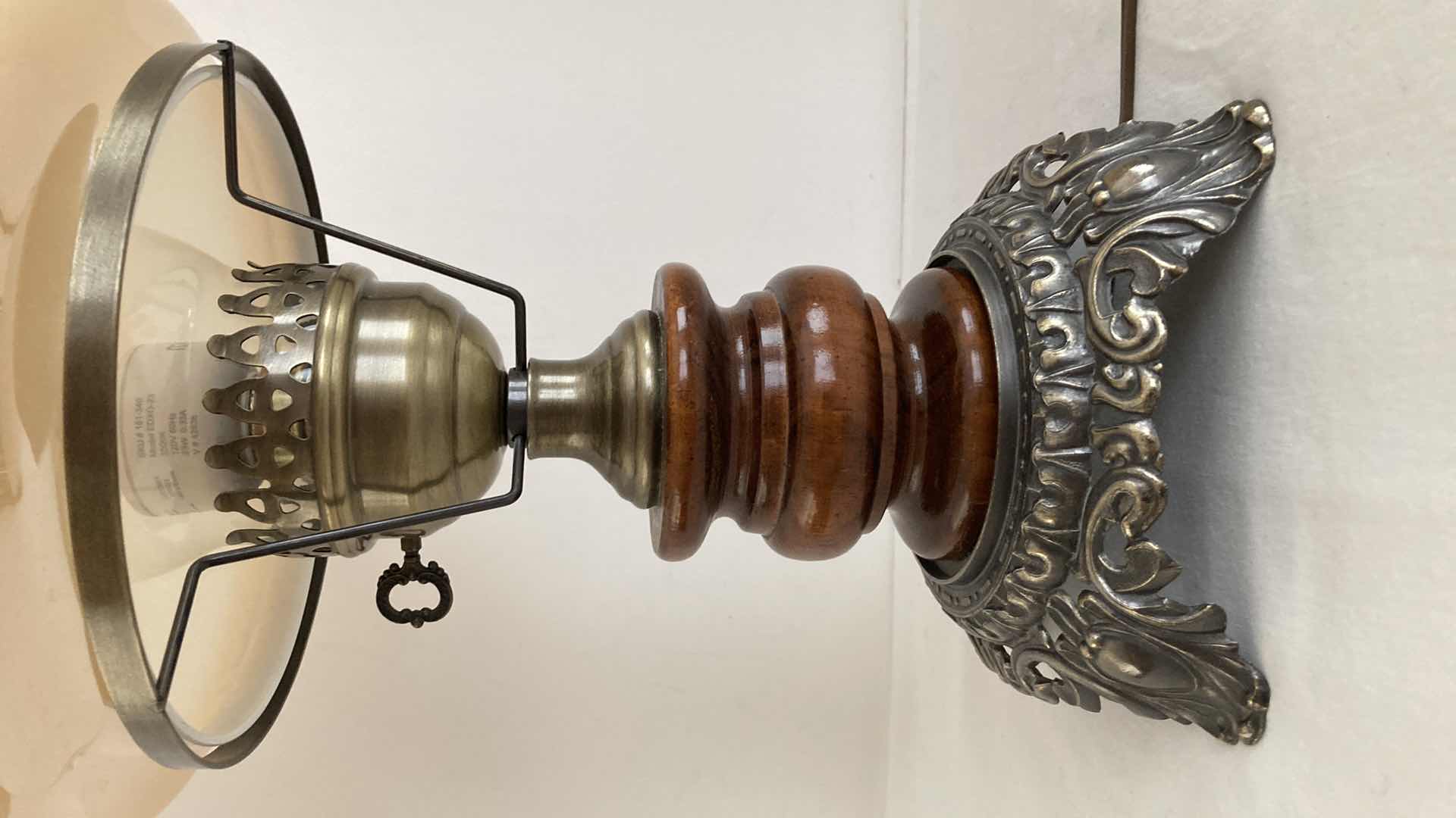 Photo 1 of HURRICANE STYLE FLORAL GLASS SHADE WOOD & METAL BASE TABLE LAMP 9” X 19”