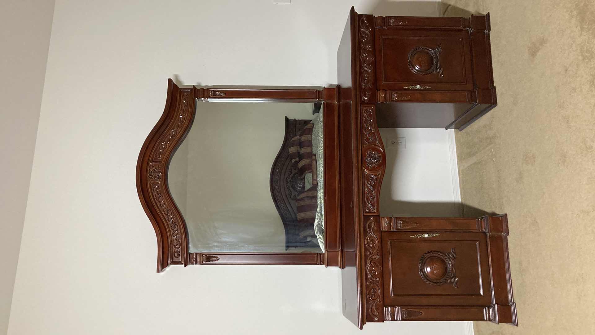 Photo 1 of ORNATE CARVED CHERRYWOOD FINISH VANITY DRESSER 67” X 22” H80”