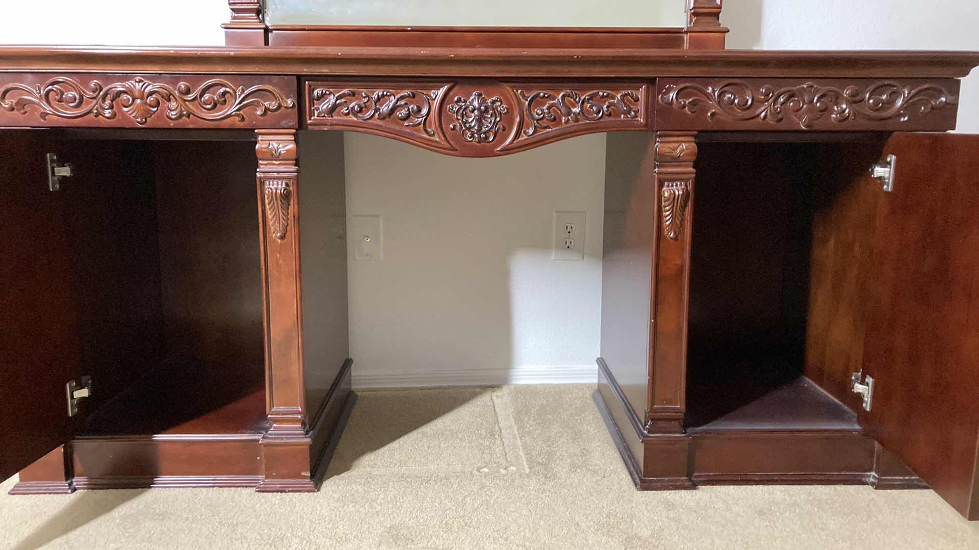 Photo 1 of ORNATE CARVED CHERRYWOOD FINISH VANITY DRESSER 67” X 22” H80”