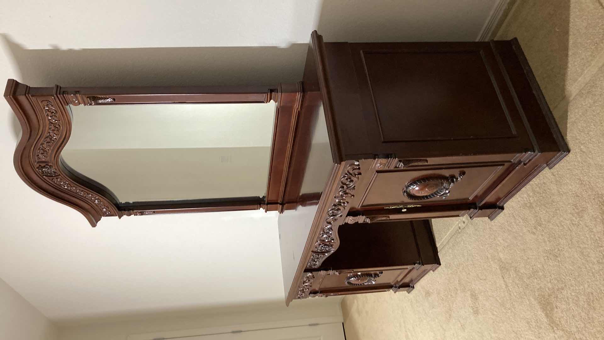 Photo 1 of ORNATE CARVED CHERRYWOOD FINISH VANITY DRESSER 67” X 22” H80”