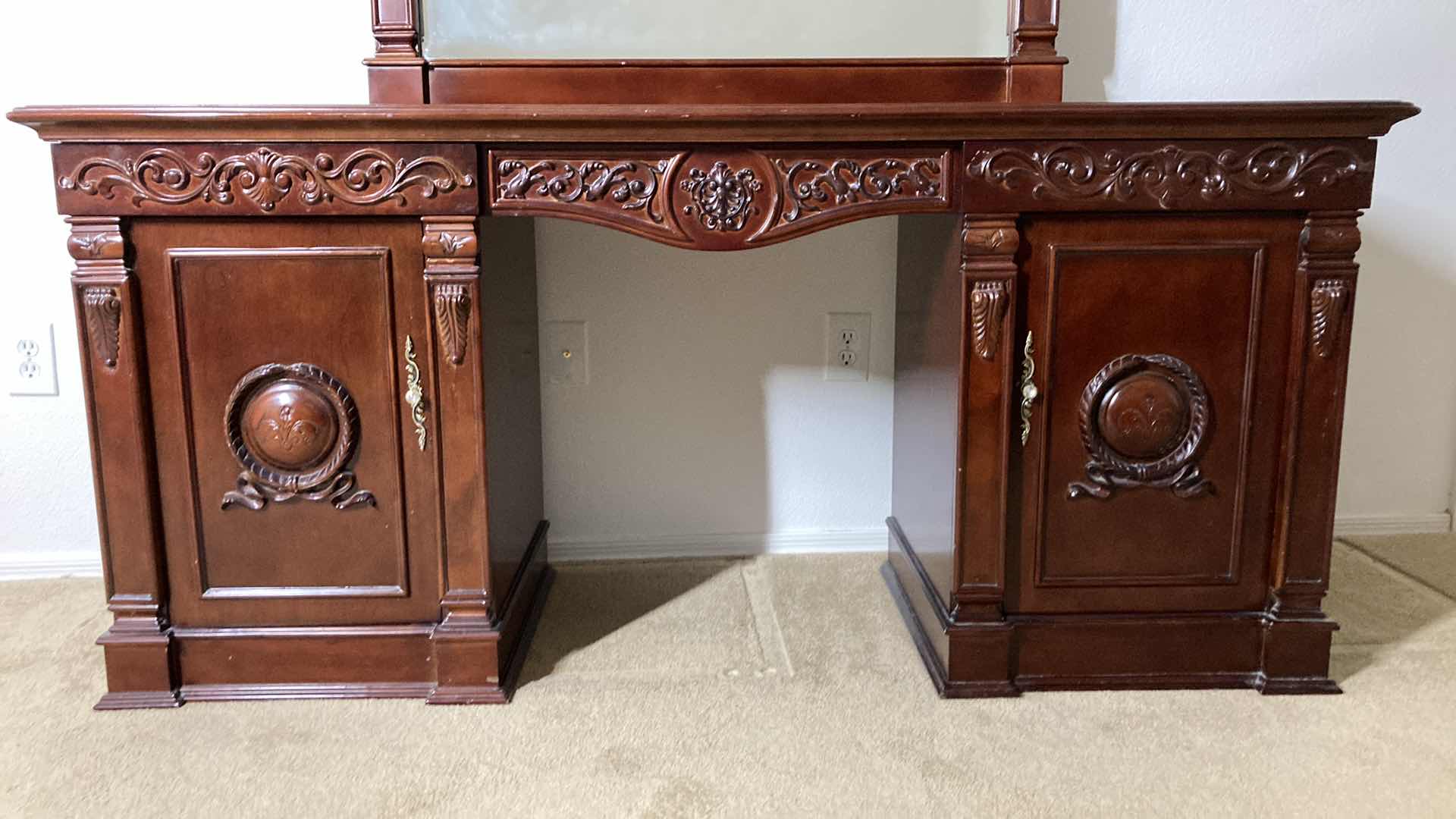 Photo 1 of ORNATE CARVED CHERRYWOOD FINISH VANITY DRESSER 67” X 22” H80”