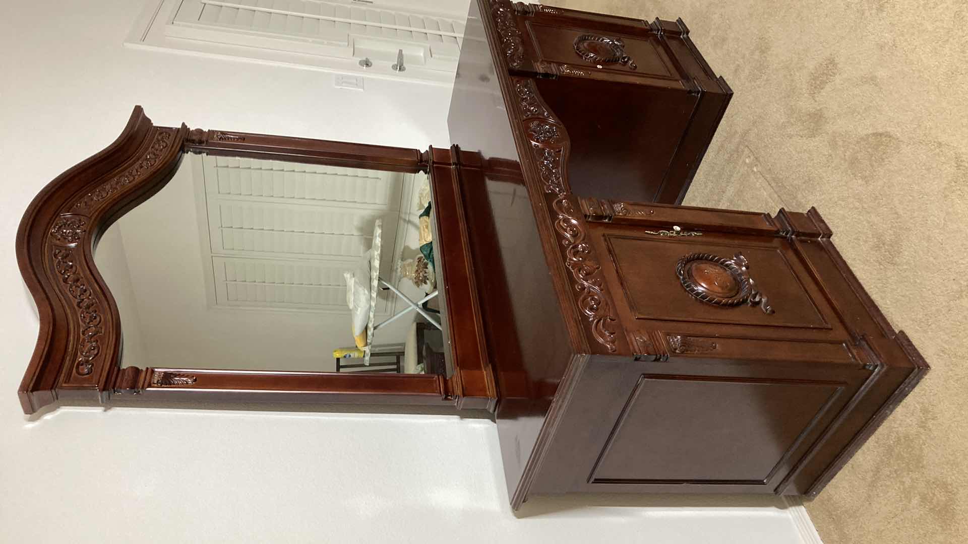 Photo 1 of ORNATE CARVED CHERRYWOOD FINISH VANITY DRESSER 67” X 22” H80”