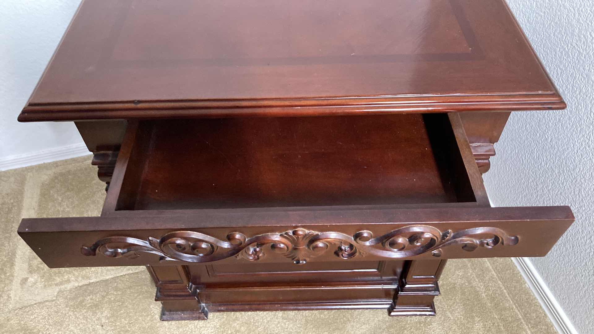 View 5 of ORNATE CARVED CHERRYWOOD FINISH NIGHTSTAND 27” X 19” H26.5”