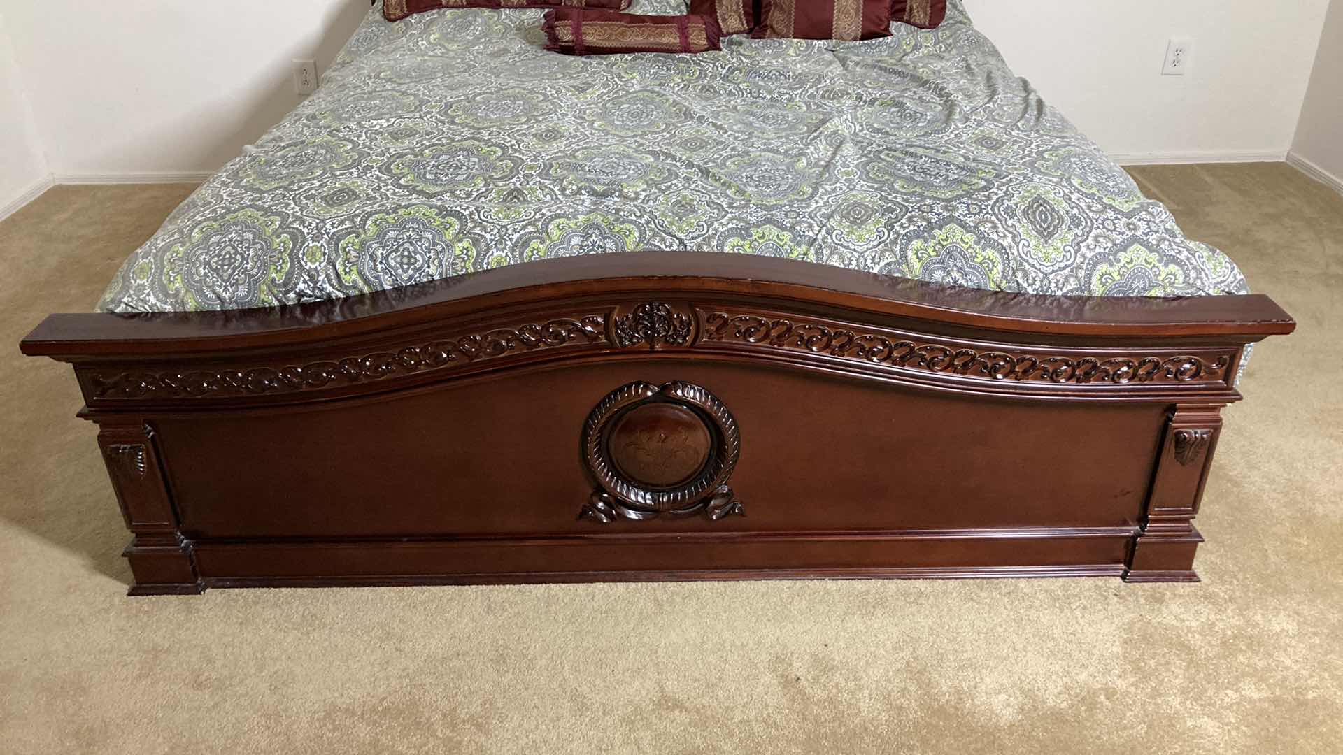Photo 1 of ORNATE CARVED CHERRYWOOD FINISH KING SIZE BED FRAME W BEAUTY REST FIRM MATTRESS & BOX SPRING