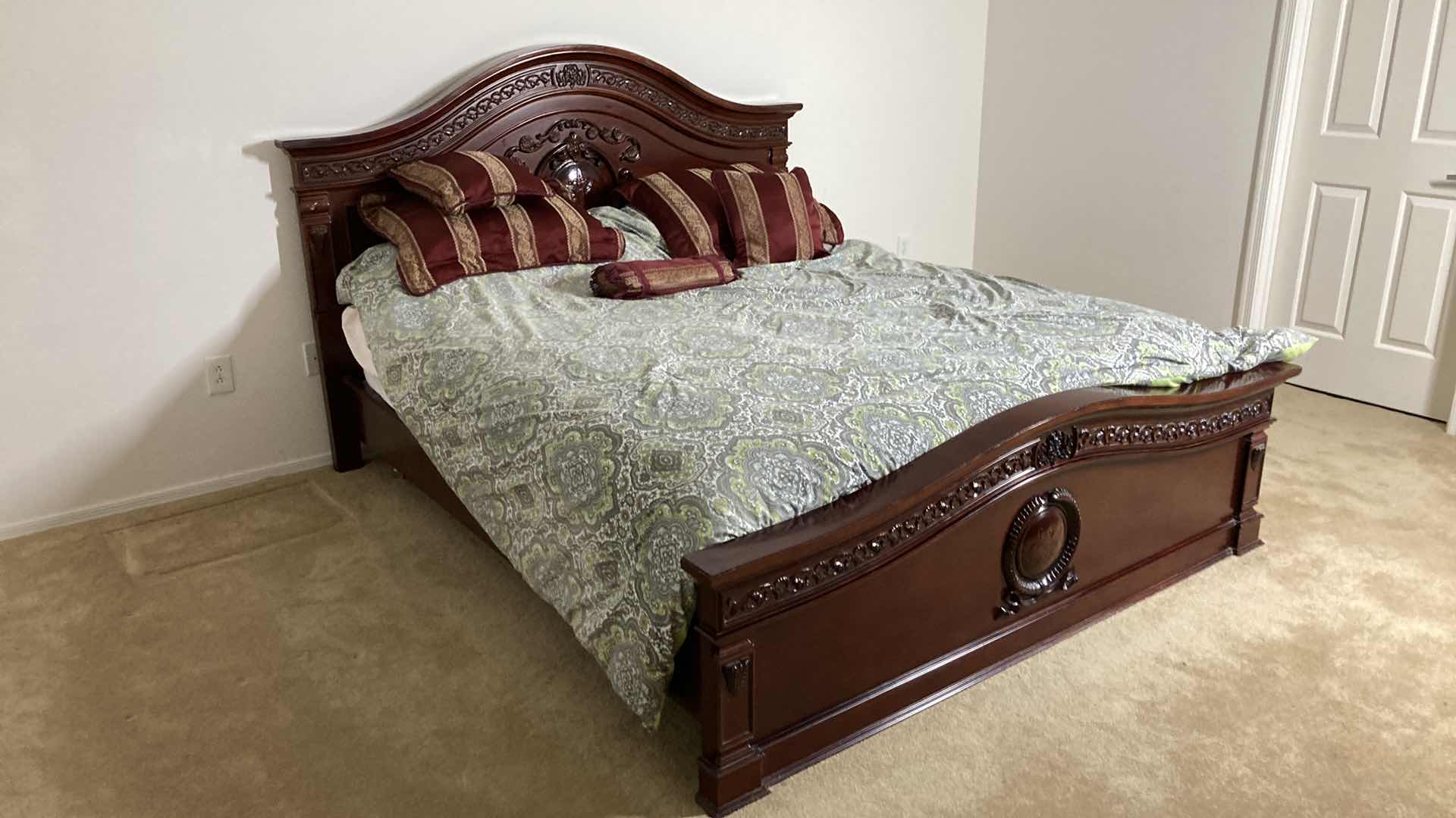 Photo 1 of ORNATE CARVED CHERRYWOOD FINISH KING SIZE BED FRAME W BEAUTY REST FIRM MATTRESS & BOX SPRING