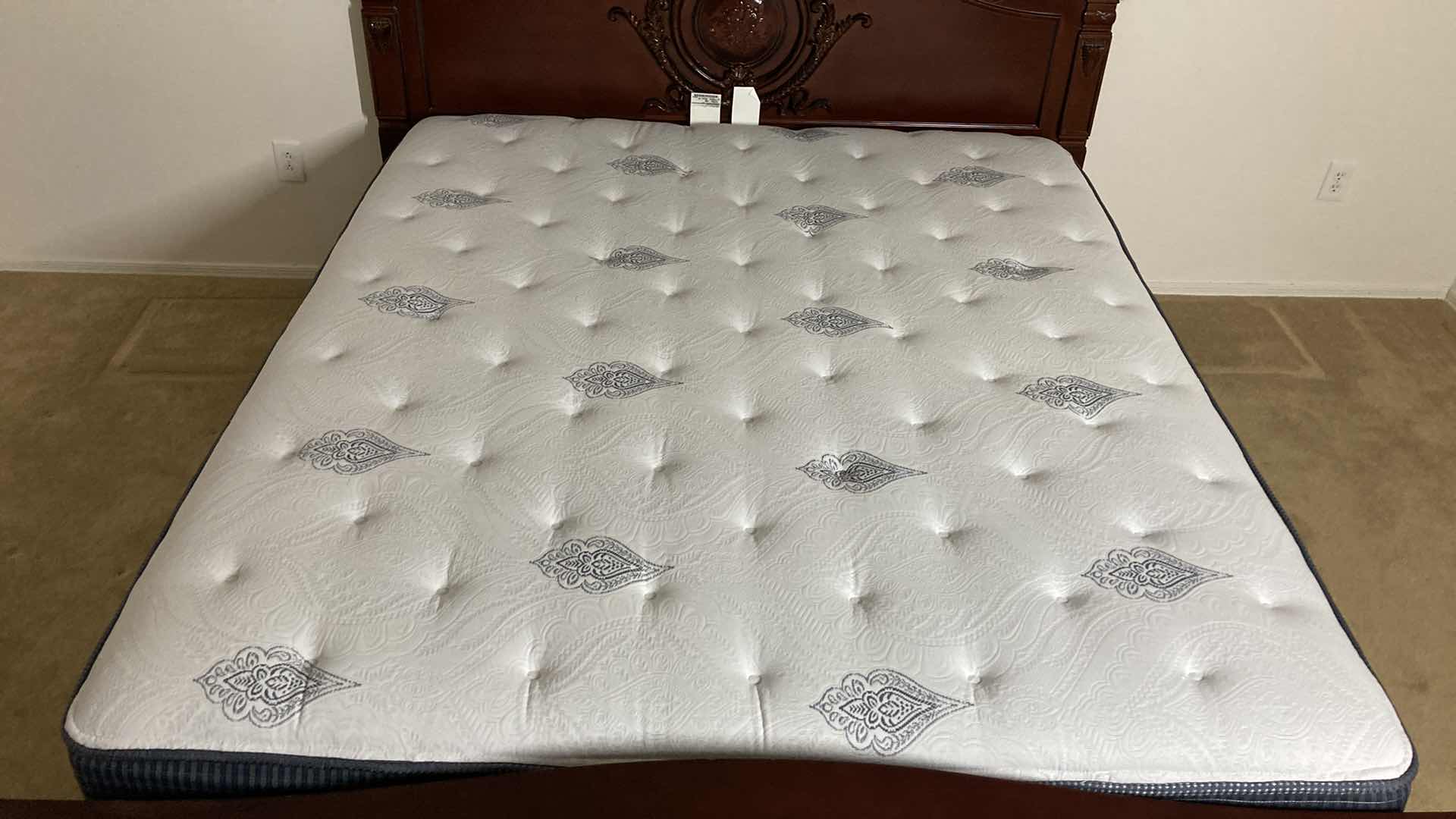 Photo 1 of ORNATE CARVED CHERRYWOOD FINISH KING SIZE BED FRAME W BEAUTY REST FIRM MATTRESS & BOX SPRING