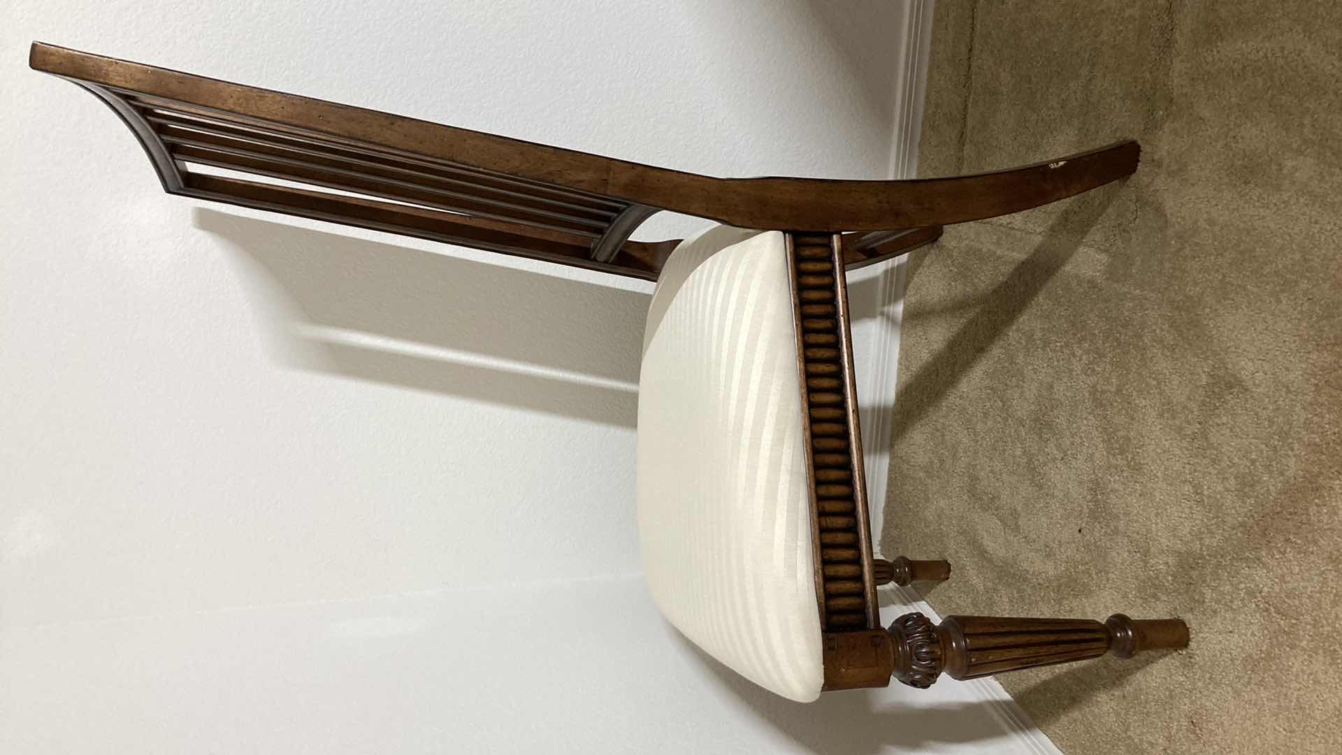 View 5 of MANITOBA MAHOGANY CARVED WOOD CHAIR W STRIPED WHITE SEAT 23” X 22” H42”