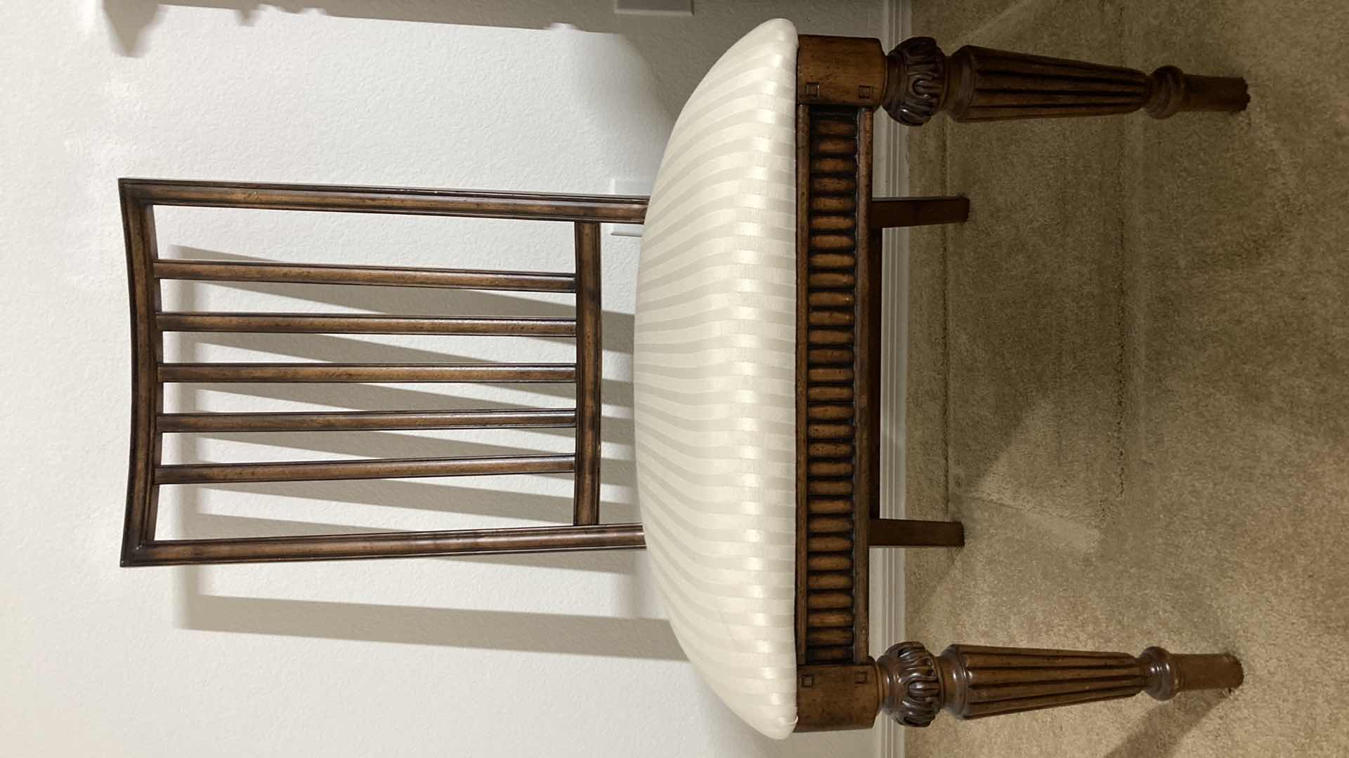 View 2 of MANITOBA MAHOGANY CARVED WOOD CHAIR W STRIPED WHITE SEAT 23” X 22” H42”