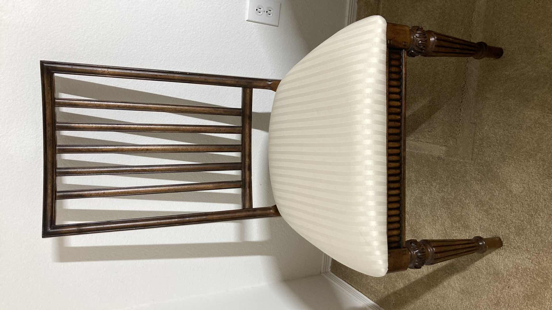 View 1 of MANITOBA MAHOGANY CARVED WOOD CHAIR W STRIPED WHITE SEAT 23” X 22” H42”
