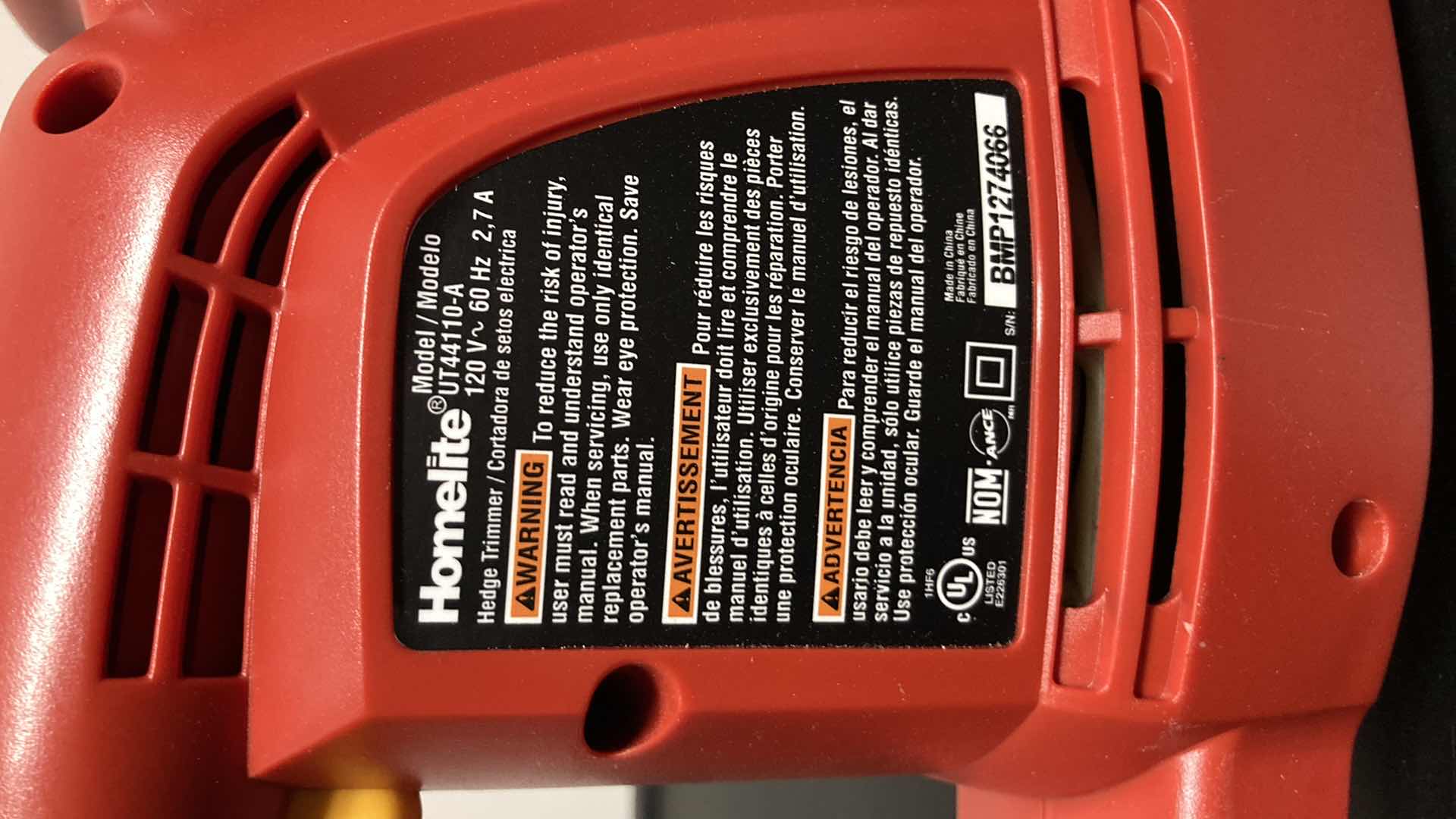 Photo 1 of HOMELITE ELECTRIC HEDGER TRIMMER MODEL UT44110-A