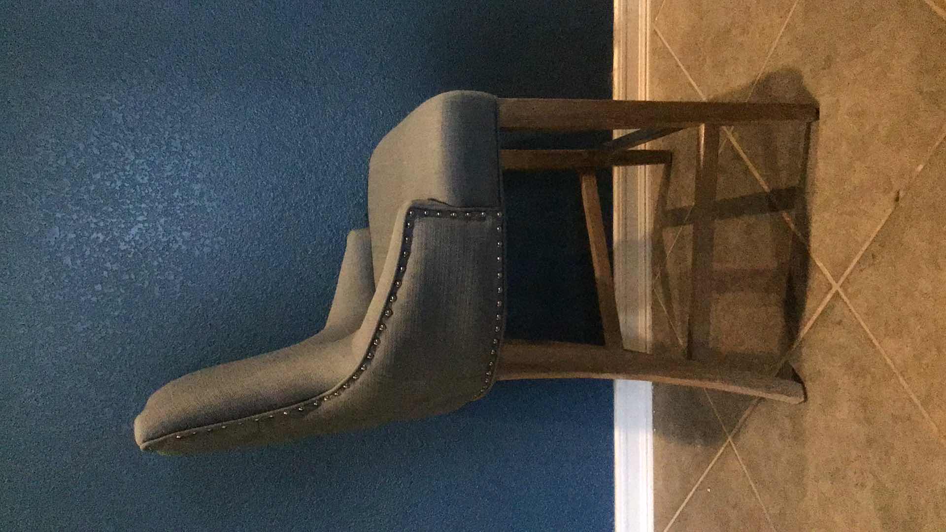 Photo 5 of RIVETED BLUE FABRIC AND WOOD LEGGED COUNTER/BARSTOOL 23” X 23” H43”