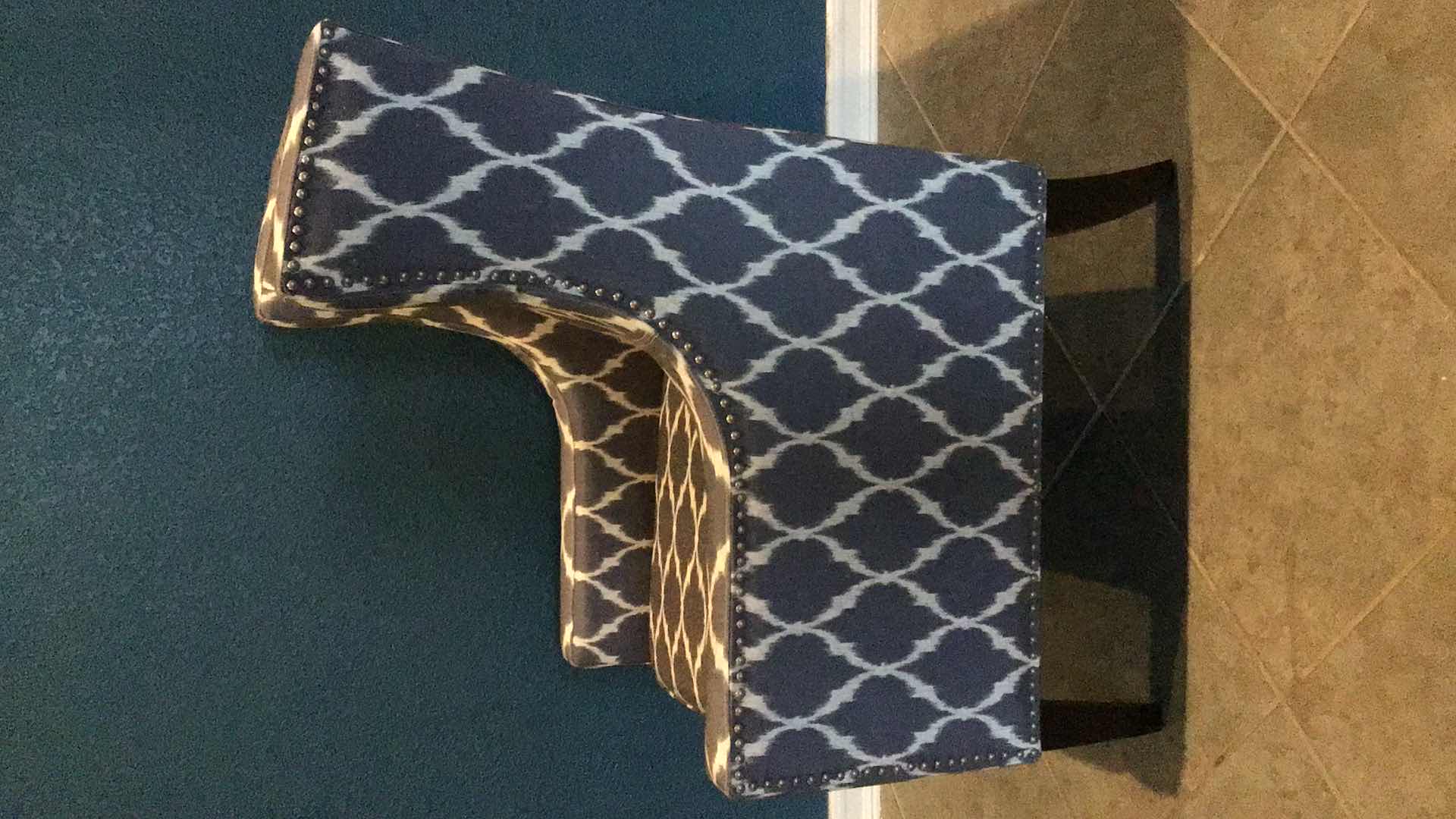 Photo 1 of TRACK ARM CLUB CHAIR BLUE AND WHITE PATTERNED RIVETED FABRIC 29” X 33” H42”