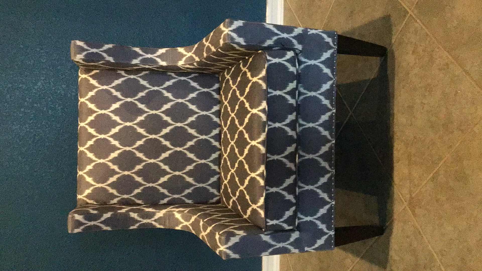 Photo 1 of TRACK ARM CLUB CHAIR BLUE AND WHITE PATTERNED RIVETED FABRIC 29” X 33” H42”