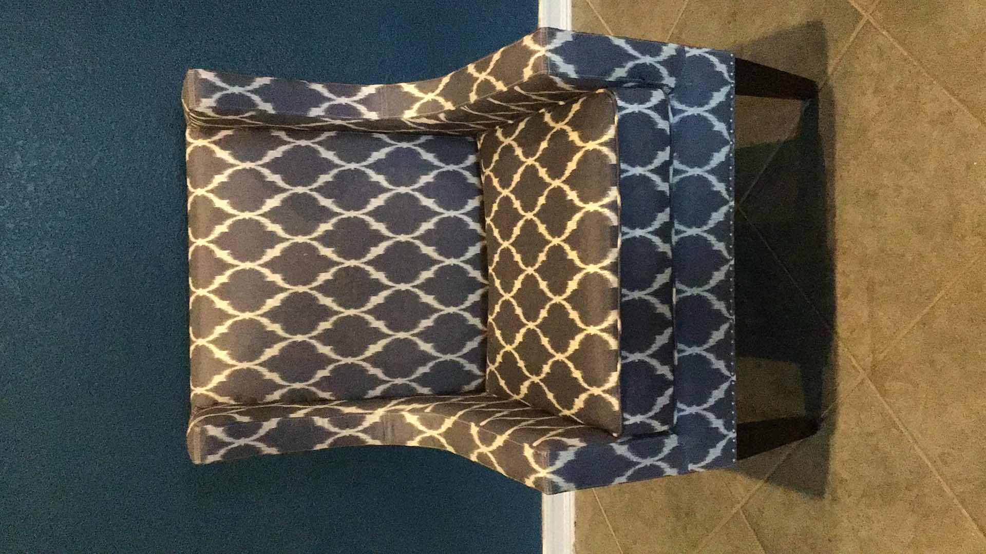 Photo 1 of TRACK ARM CLUB CHAIR BLUE AND WHITE PATTERNED RIVETED FABRIC 29” X 33” H42”