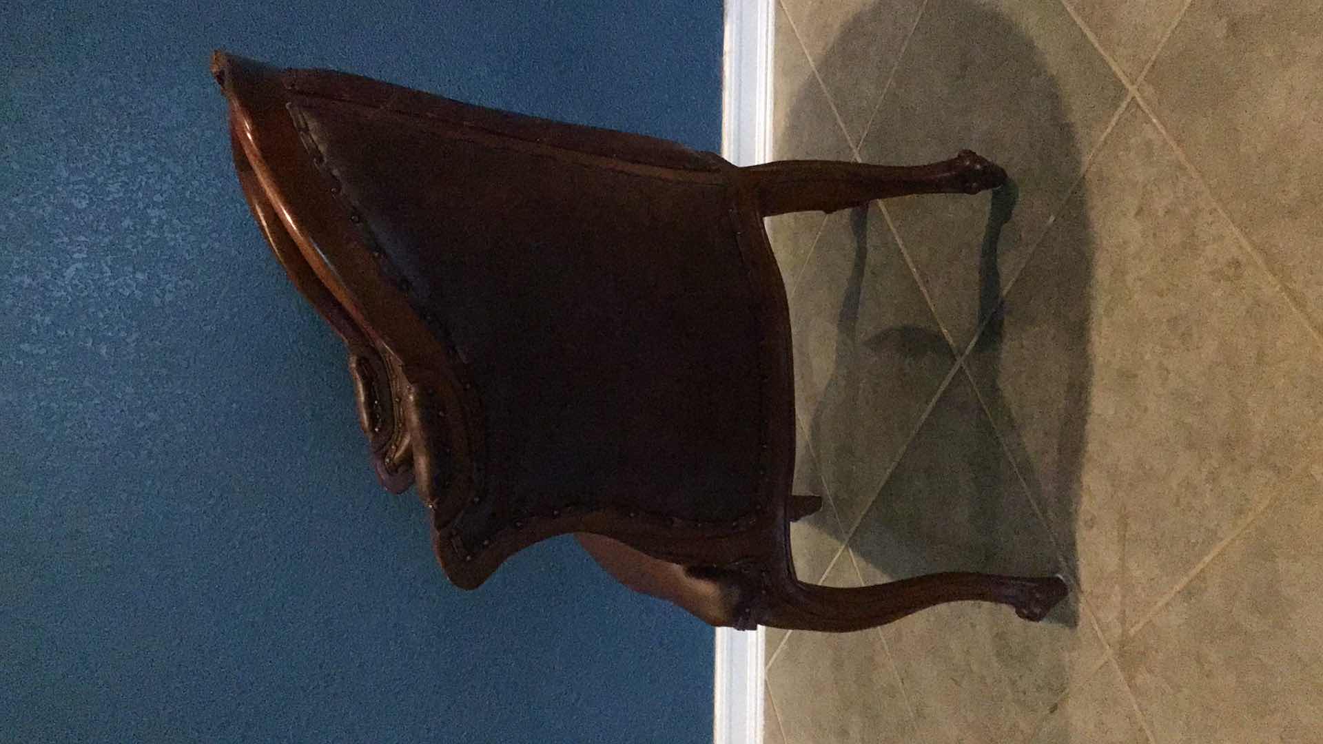 Photo 3 of CARVED WOOD AND LEATHER ARMCHAIR 29” X 28 H39”