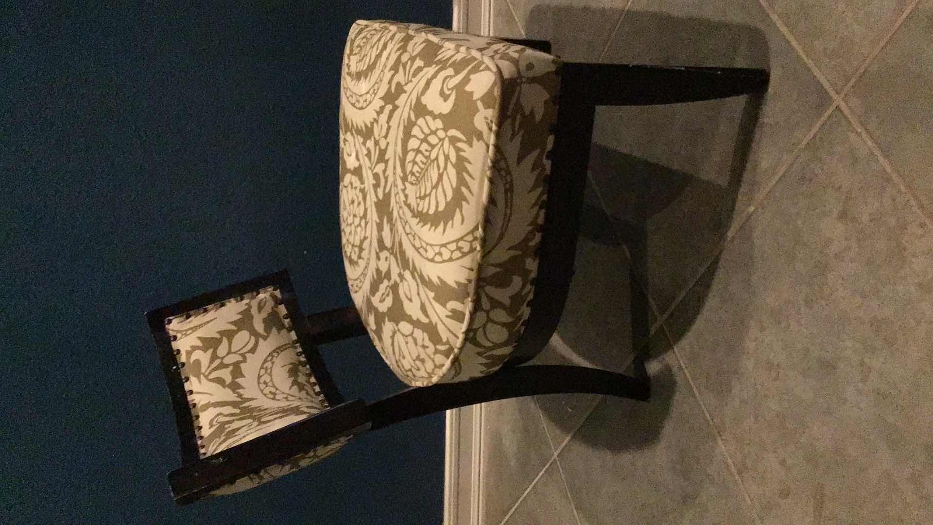 Photo 1 of GREEN AND WHITE RIVETED FABRIC AND WOOD ARMLESS LOW-BACK CHAIR 25” X 26” H28”