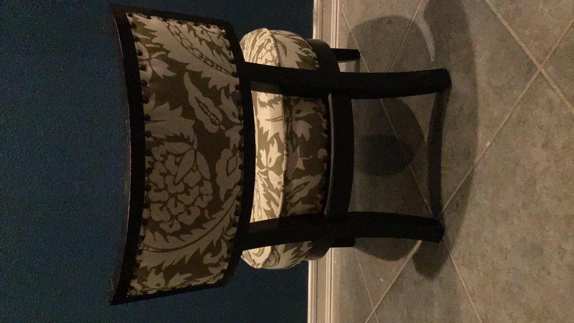 Photo 1 of GREEN AND WHITE RIVETED FABRIC AND WOOD ARMLESS LOW-BACK CHAIR 25” X 26” H28”