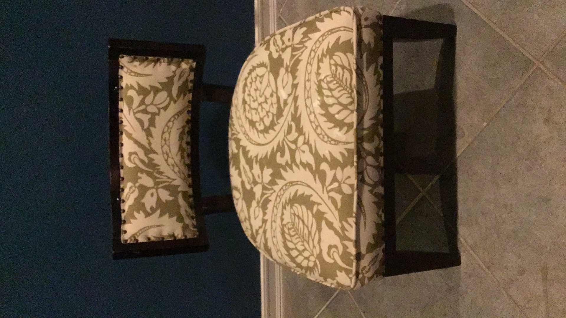 Photo 1 of GREEN AND WHITE RIVETED FABRIC AND WOOD ARMLESS LOW-BACK CHAIR 25” X 26” H28”