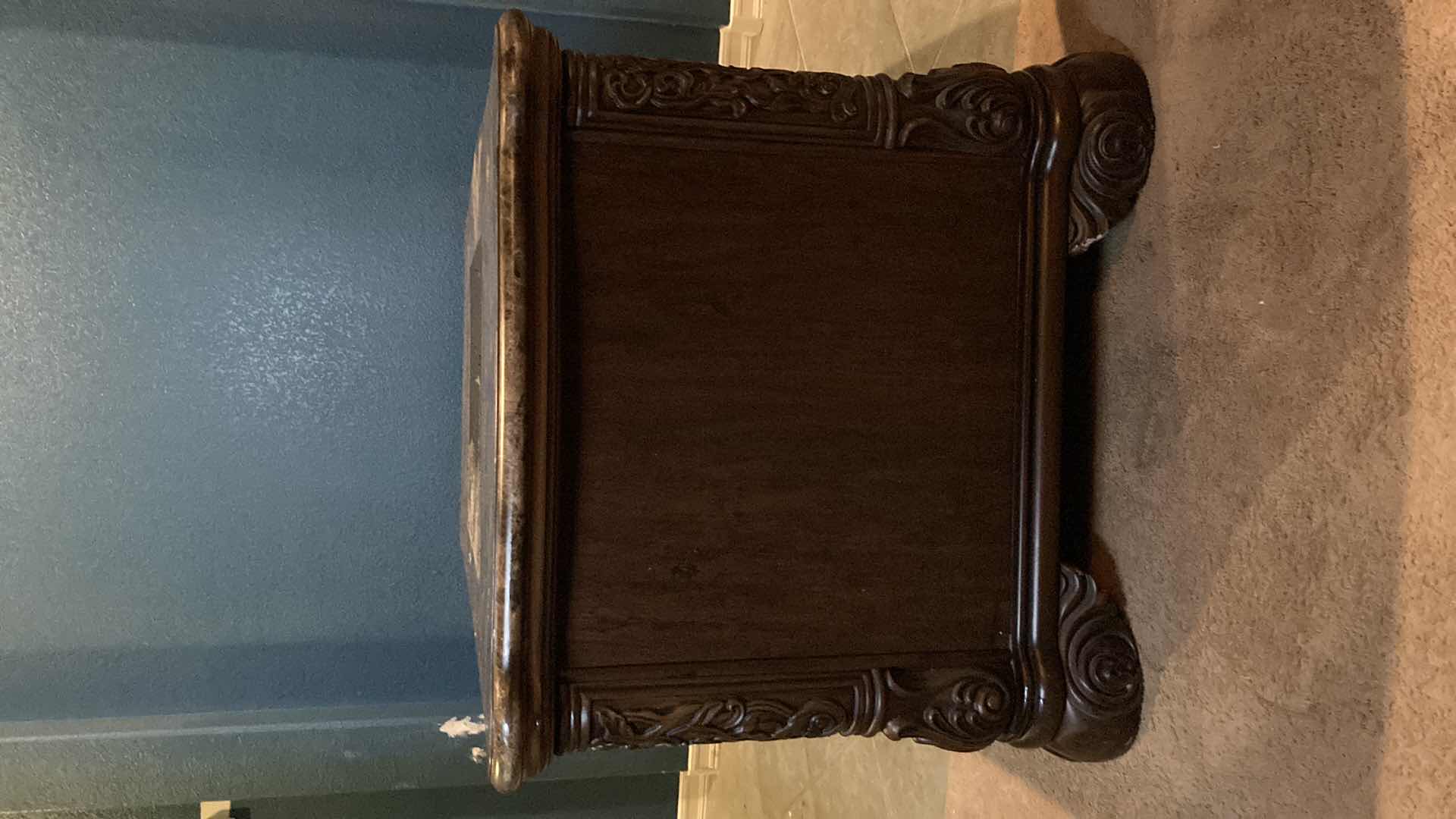 Photo 3 of MID-CENTURY GRANITE FINISH TOP ORNATE CARVED WOOD DESIGN DESK 77” X 37” H33”