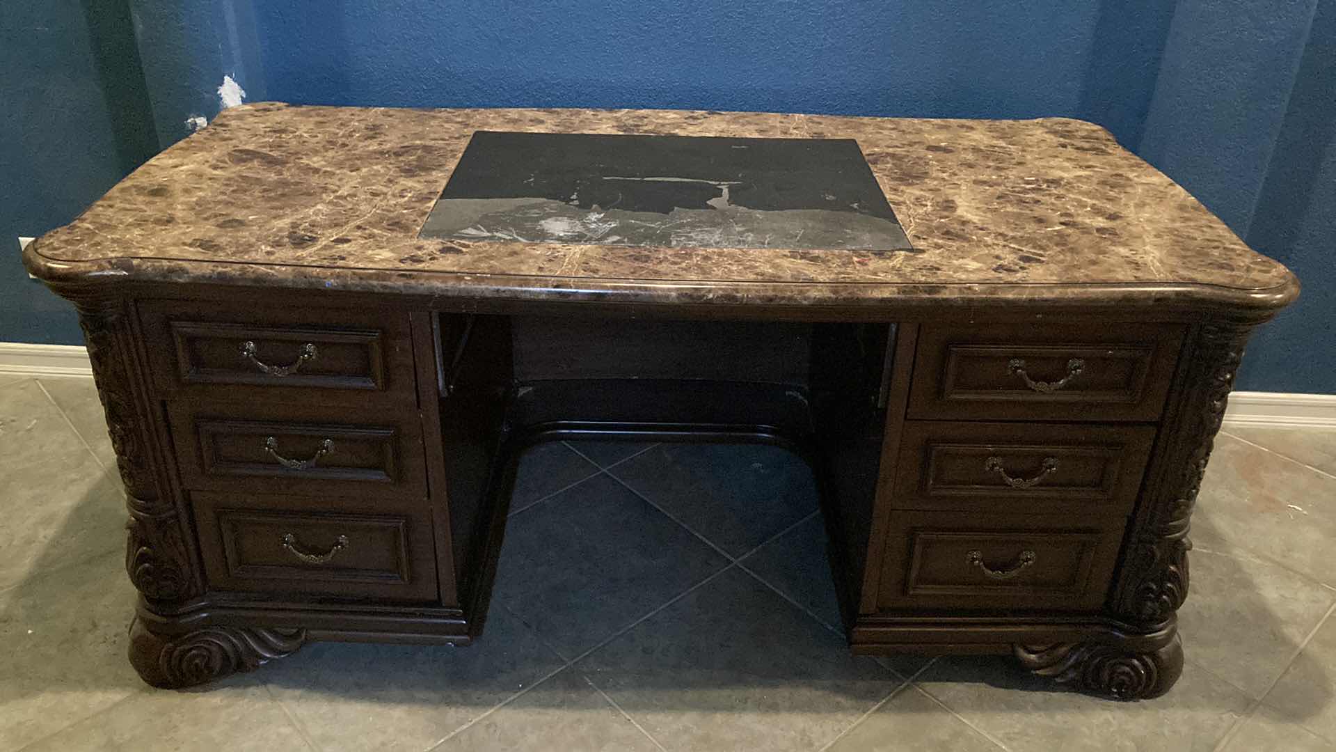 Photo 1 of MID-CENTURY GRANITE FINISH TOP ORNATE CARVED WOOD DESIGN DESK 77” X 37” H33”