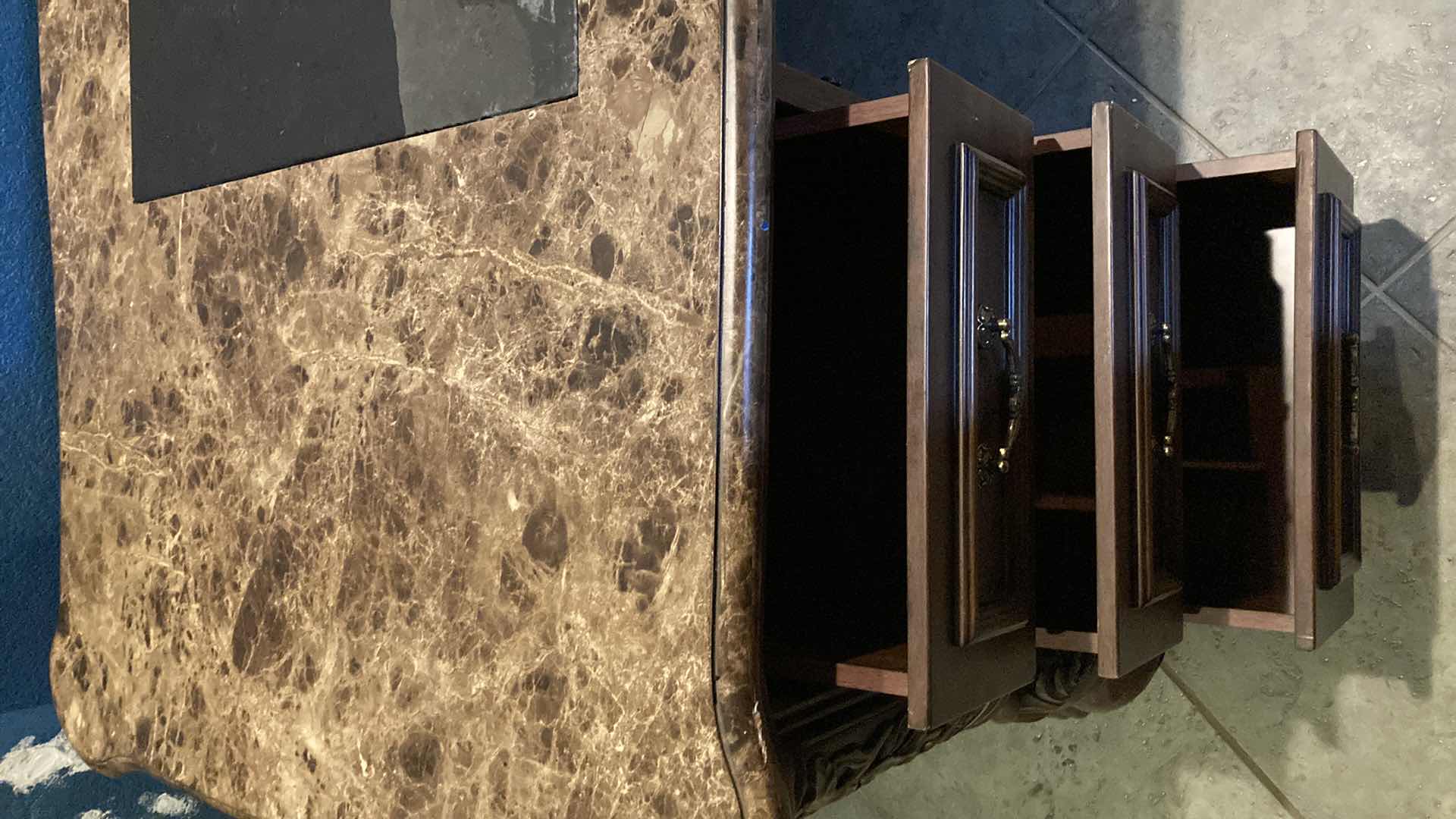 Photo 7 of MID-CENTURY GRANITE FINISH TOP ORNATE CARVED WOOD DESIGN DESK 77” X 37” H33”