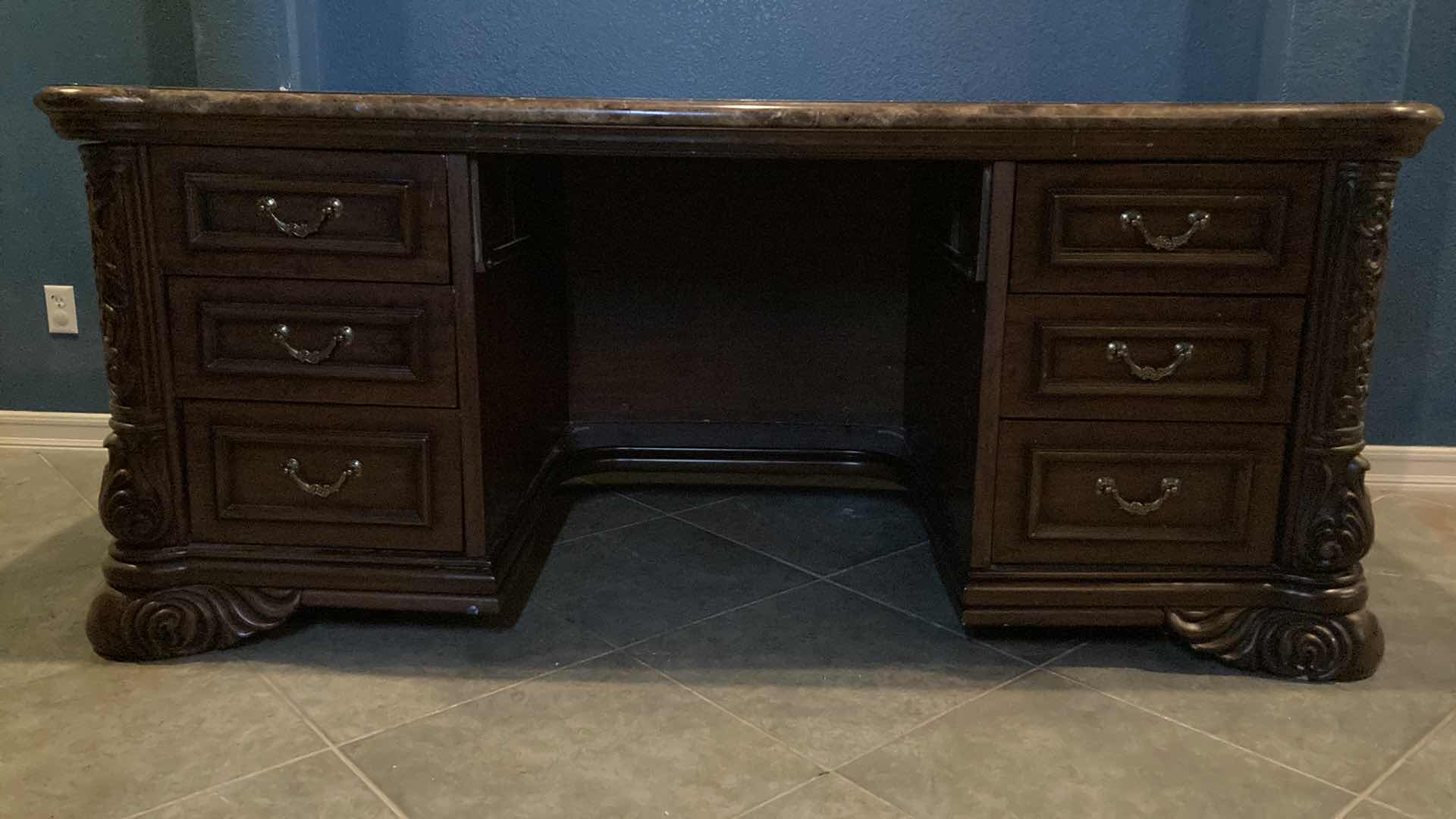 Photo 2 of MID-CENTURY GRANITE FINISH TOP ORNATE CARVED WOOD DESIGN DESK 77” X 37” H33”