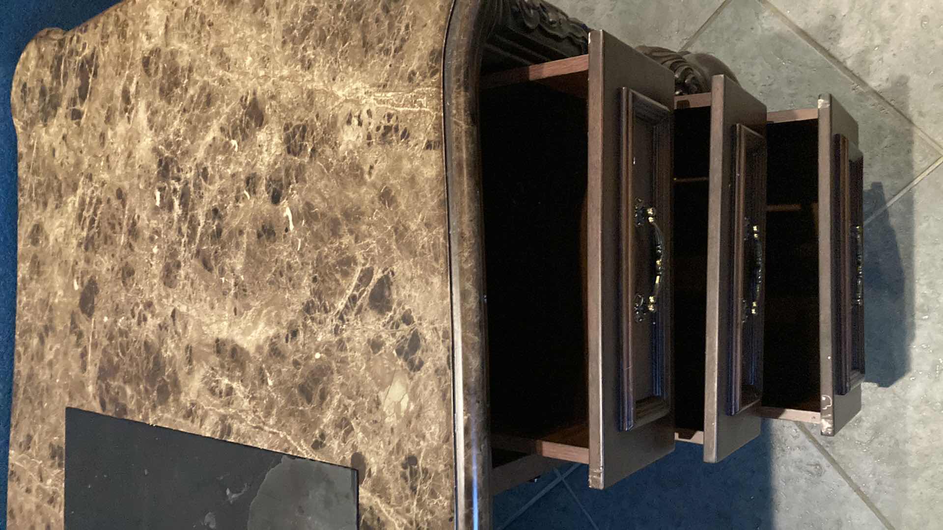 Photo 6 of MID-CENTURY GRANITE FINISH TOP ORNATE CARVED WOOD DESIGN DESK 77” X 37” H33”