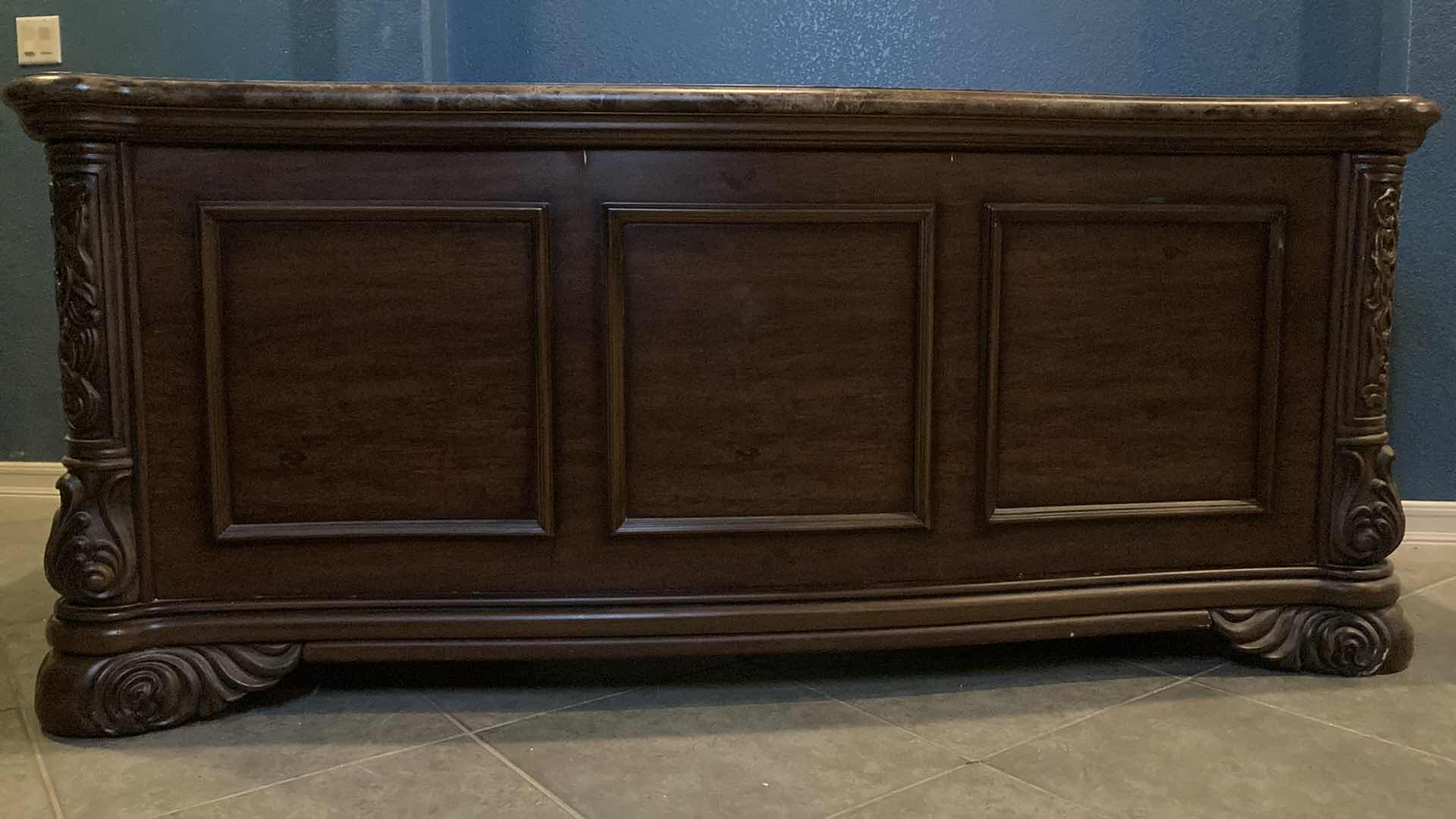 Photo 1 of MID-CENTURY GRANITE FINISH TOP ORNATE CARVED WOOD DESIGN DESK 77” X 37” H33”