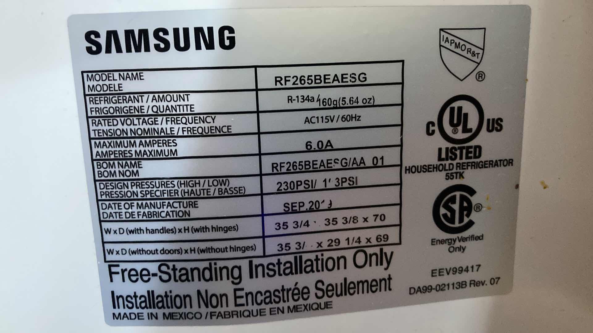 Photo 1 of SAMSUNG FRENCH 3 DOOR STAINLESS STEEL TOUCH SCREEN REFRIGERATOR MODEL RF265BEAESG/AA 26CU FT