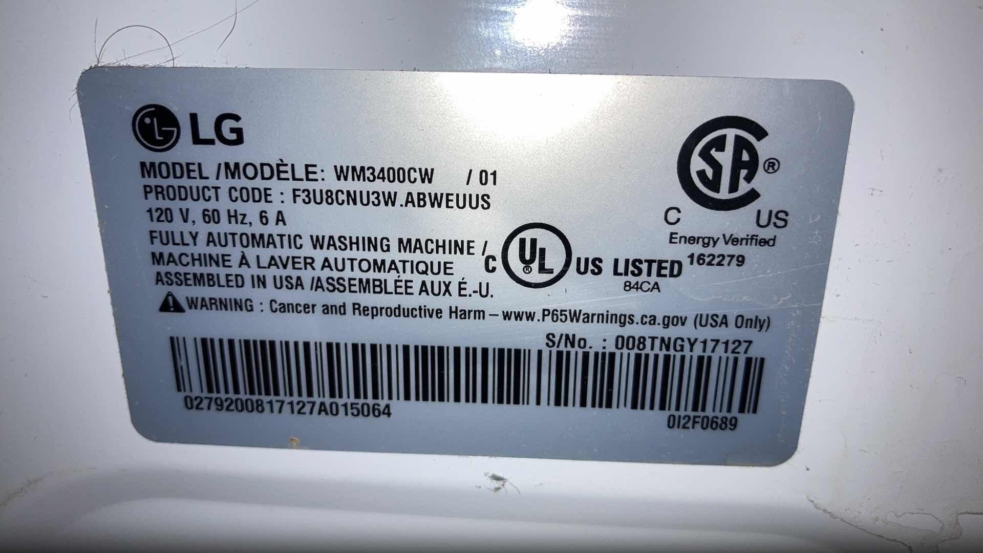 Photo 1 of LG INVERTER DIRECT DRIVE WASHER MODEL WM3400CW