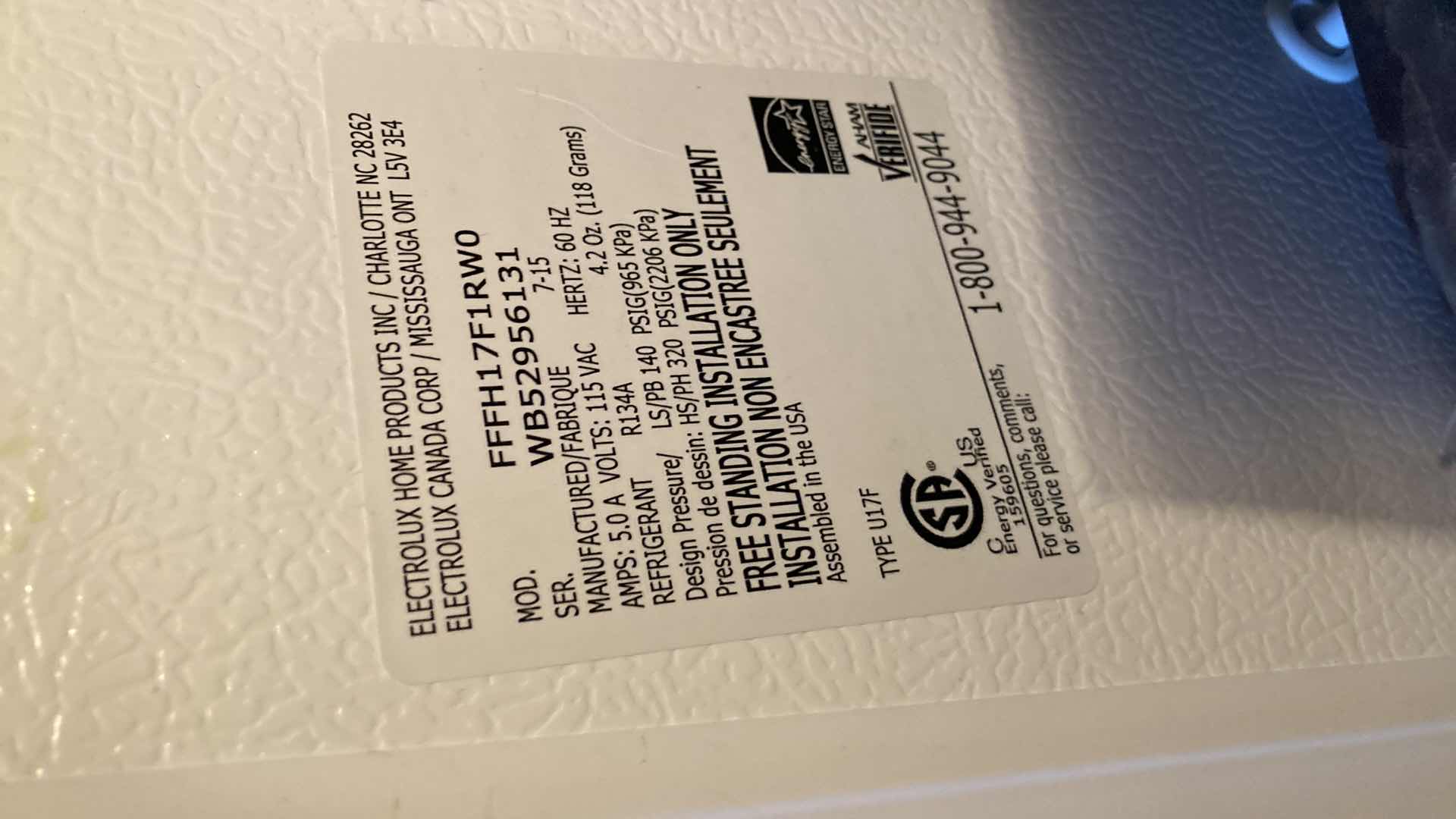 Photo 1 of FRIGIDAIRE UPRIGHT AUTOMATIC DEFROST FREEZER MODEL FFFH17F1RWO