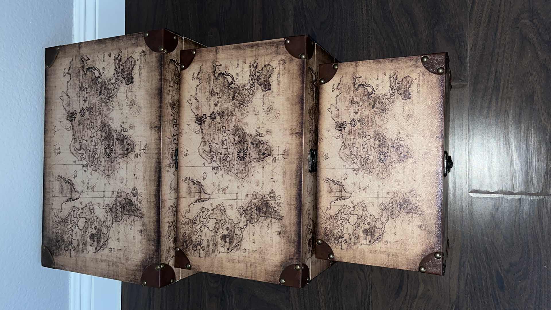 Photo 1 of OLD WORLD MAP WOODEN BOX SET W VINTAGE LOCK CLASPS & LEATHER CORNERS 17”, 15”, 12”