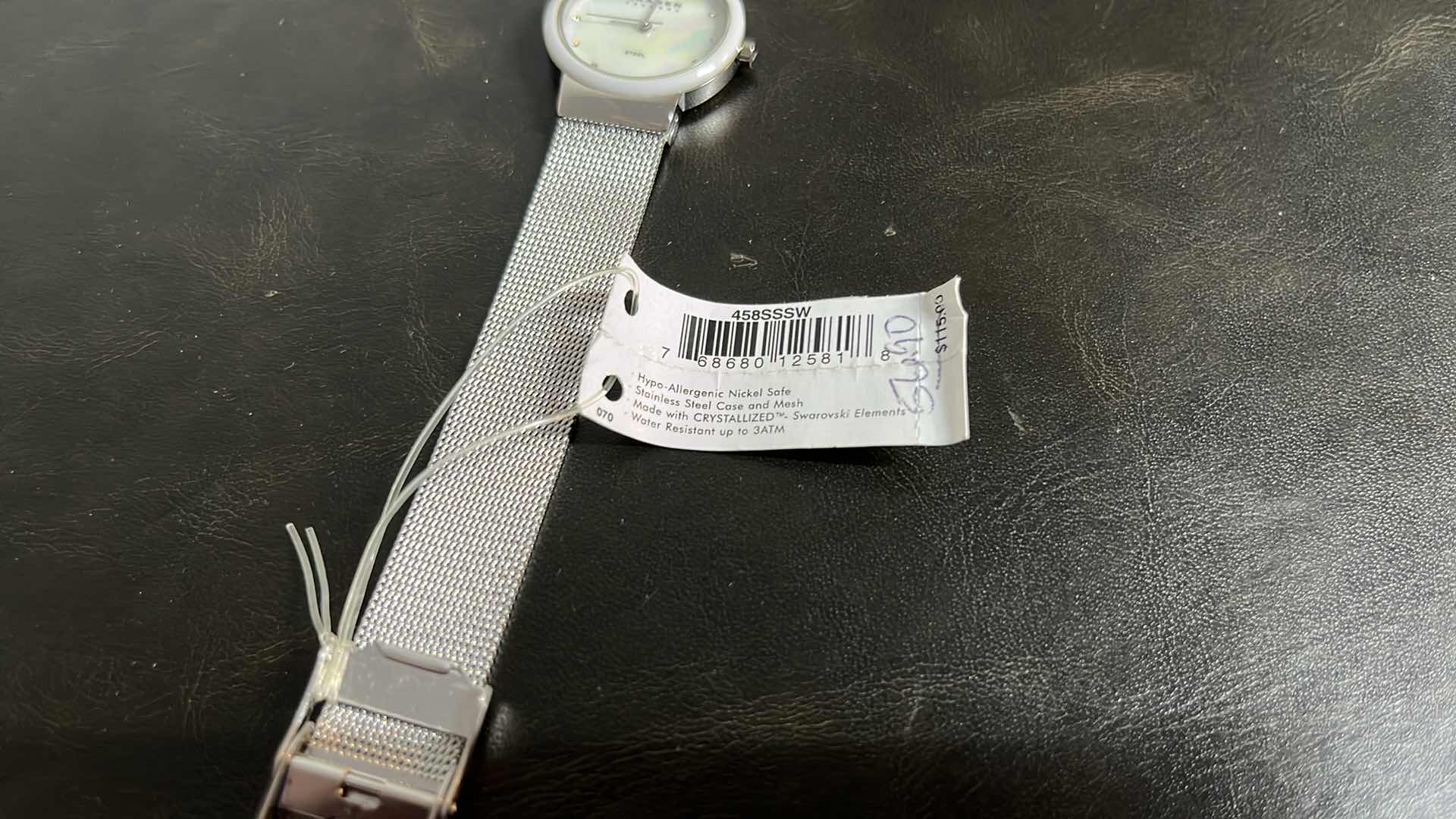 Photo 1 of NEW WOMENS SKAGEN DENMARK WATCH W STAINLESS STEEL CASE & MESH BAND, MOTHER OF PEARL INLAY & SWAROVSKI CRYSTALS, INCLUDES ORIGINAL BOX MODEL 458SSSW