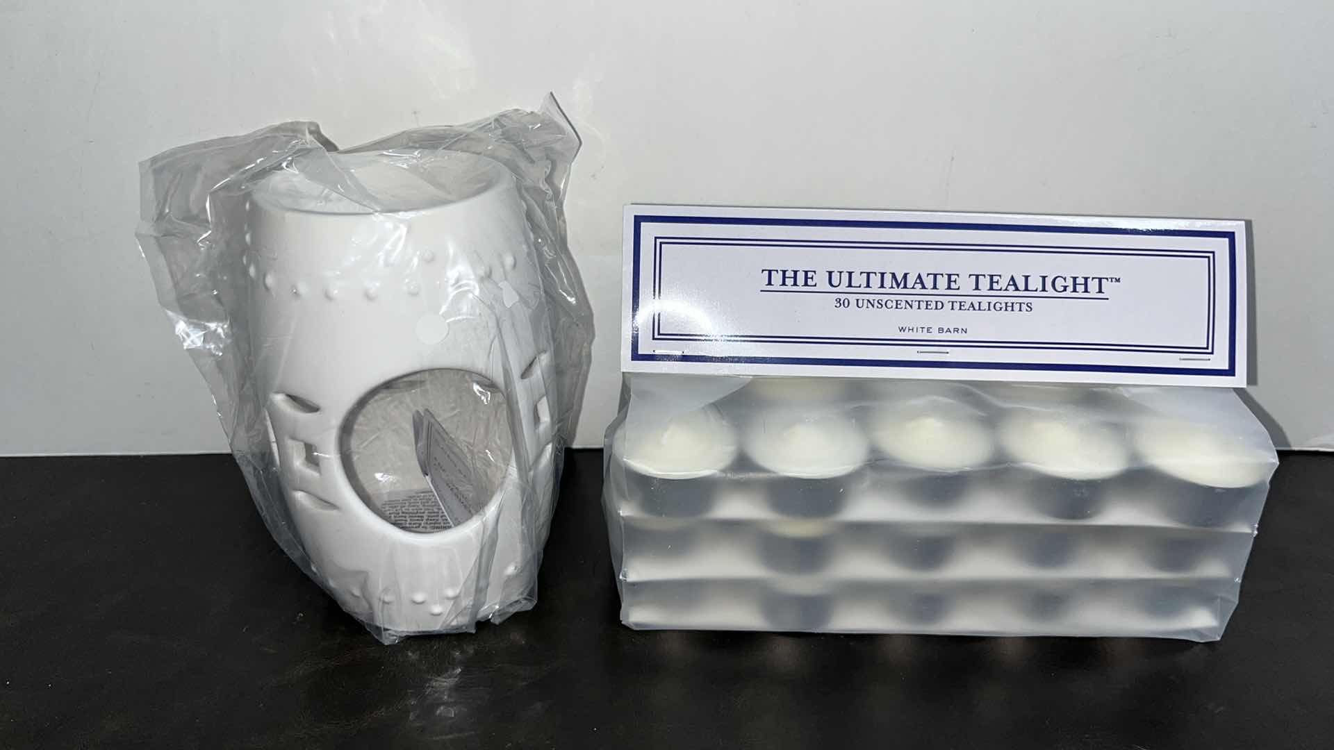 Photo 1 of NEW SLATKIN & CO WHITE FRAGRANCE OIL WARMER & WHITE BARN CANDLE CO 30 CT UNSCENTED TEALIGHTS