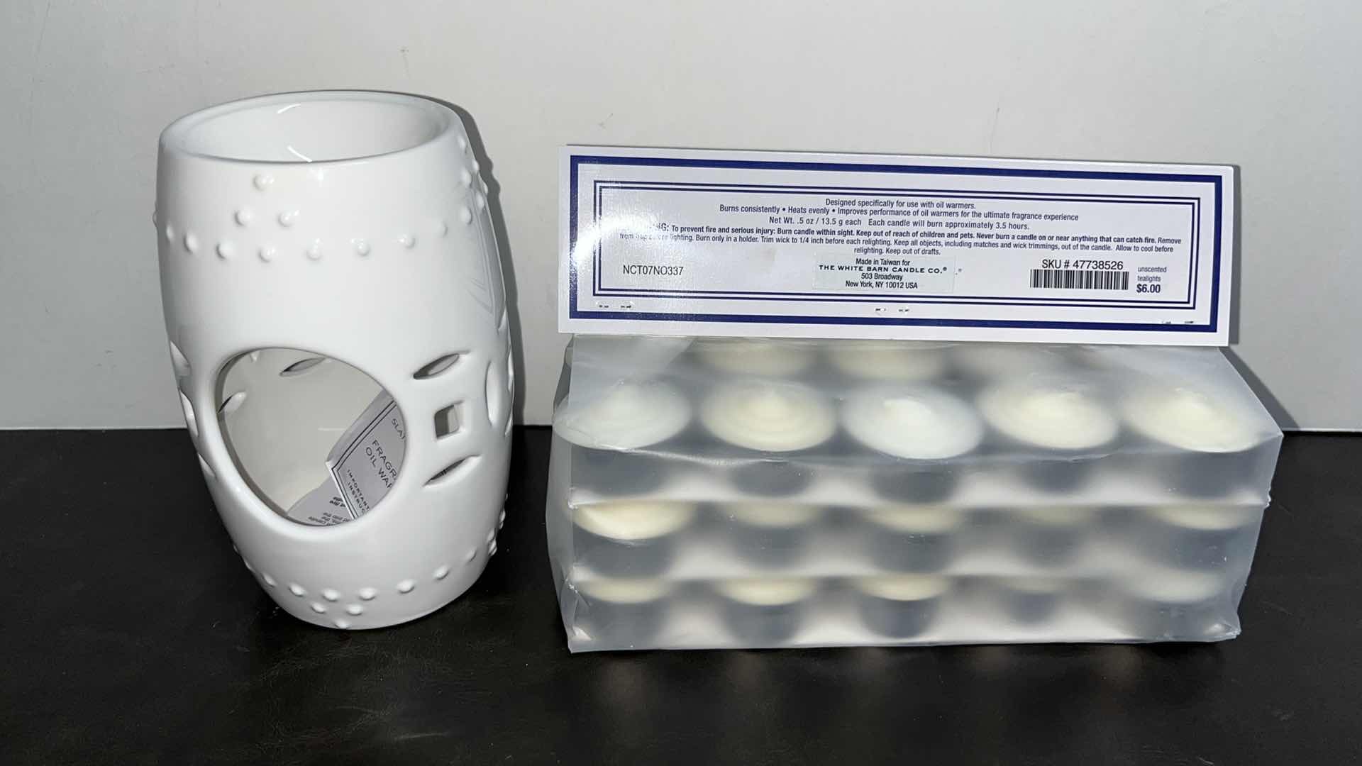 Photo 1 of NEW SLATKIN & CO WHITE FRAGRANCE OIL WARMER & WHITE BARN CANDLE CO 30 CT UNSCENTED TEALIGHTS