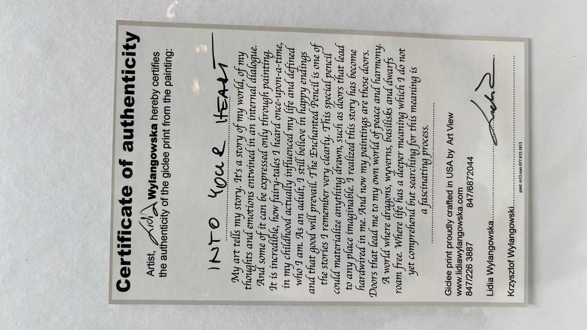 Photo 1 of LIDIA WYLANGOWSKA “INTO YOUR HEART” ROLLED CANVAS W 3.5” WHITE MARGIN GICLEE PRINT W COA, 9” x 12”