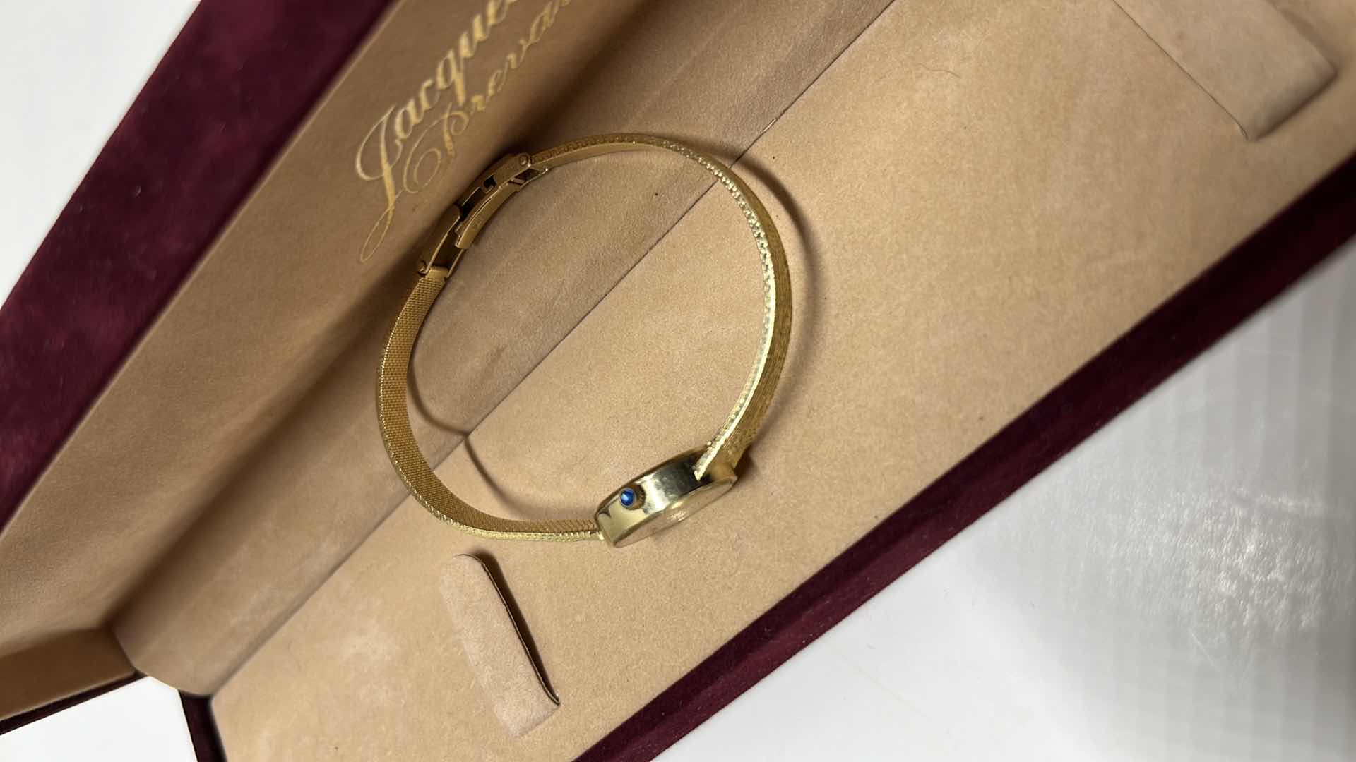 Photo 1 of JACQUES PREVARD LADIES 14K GOLD QUARTZ WRIST WATCH IN ORIGINAL BOX, .25” X 6.5”L