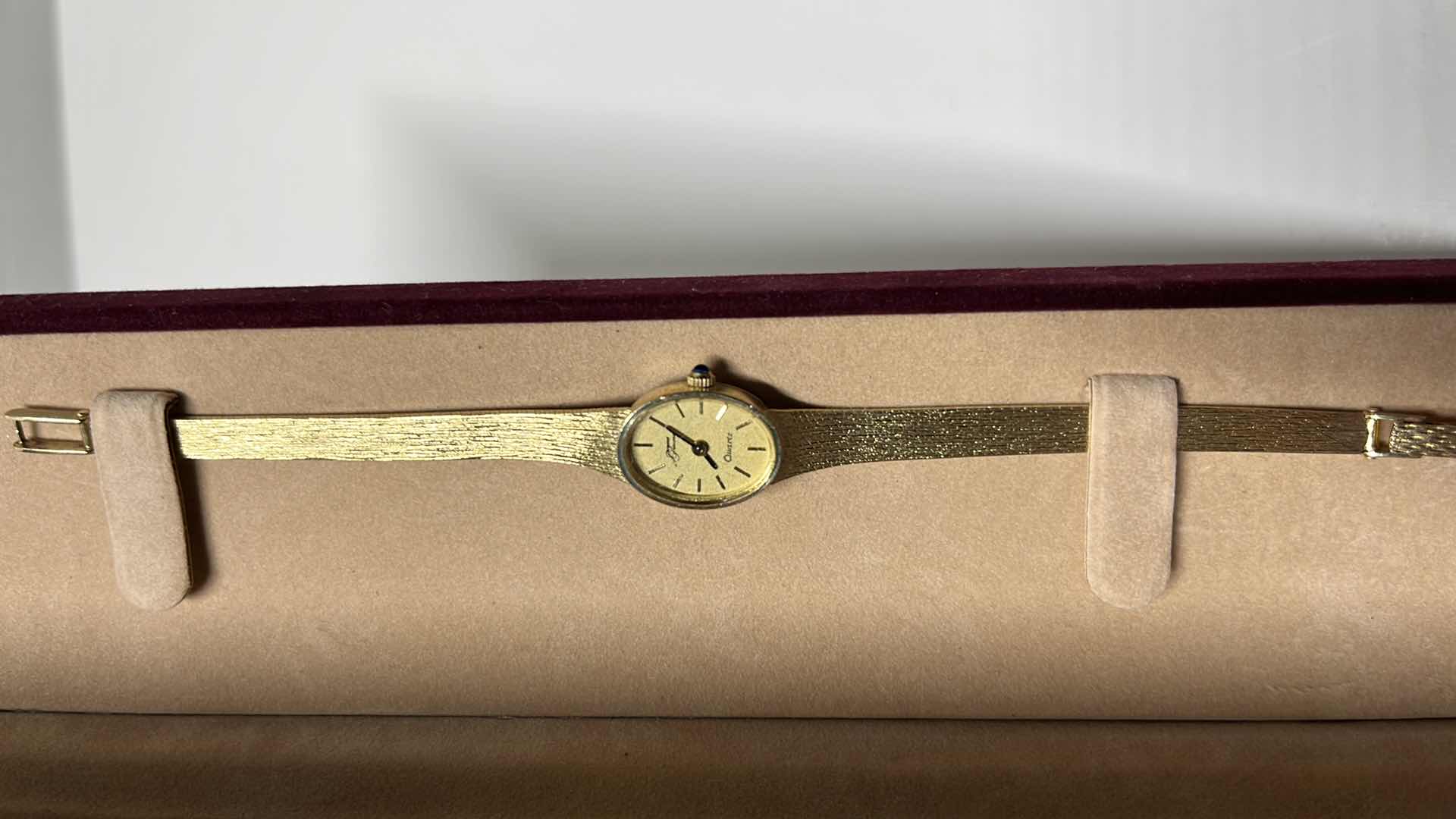 Photo 1 of JACQUES PREVARD LADIES 14K GOLD QUARTZ WRIST WATCH IN ORIGINAL BOX, .25” X 6.5”L