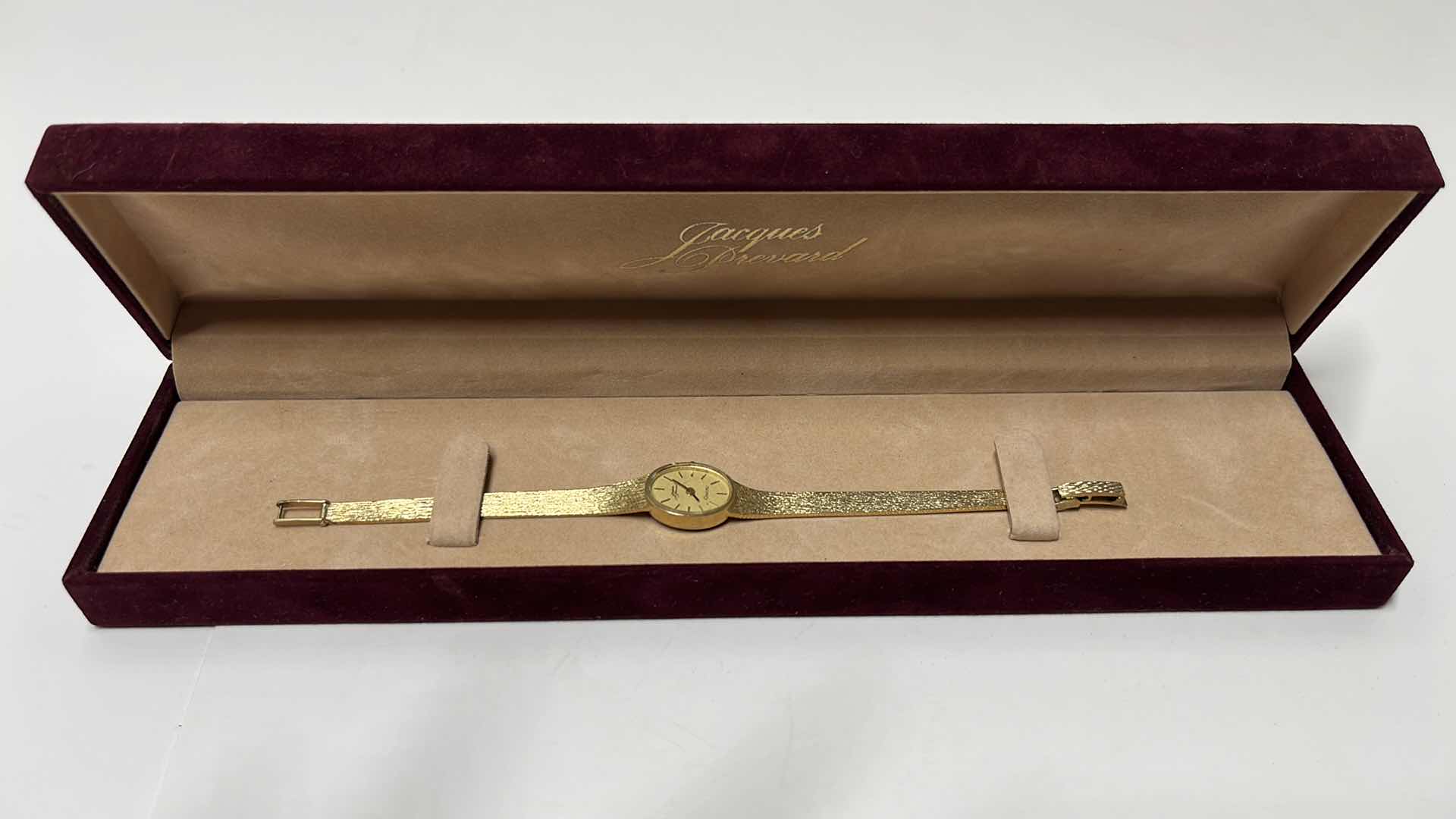 Photo 1 of JACQUES PREVARD LADIES 14K GOLD QUARTZ WRIST WATCH IN ORIGINAL BOX, .25” X 6.5”L