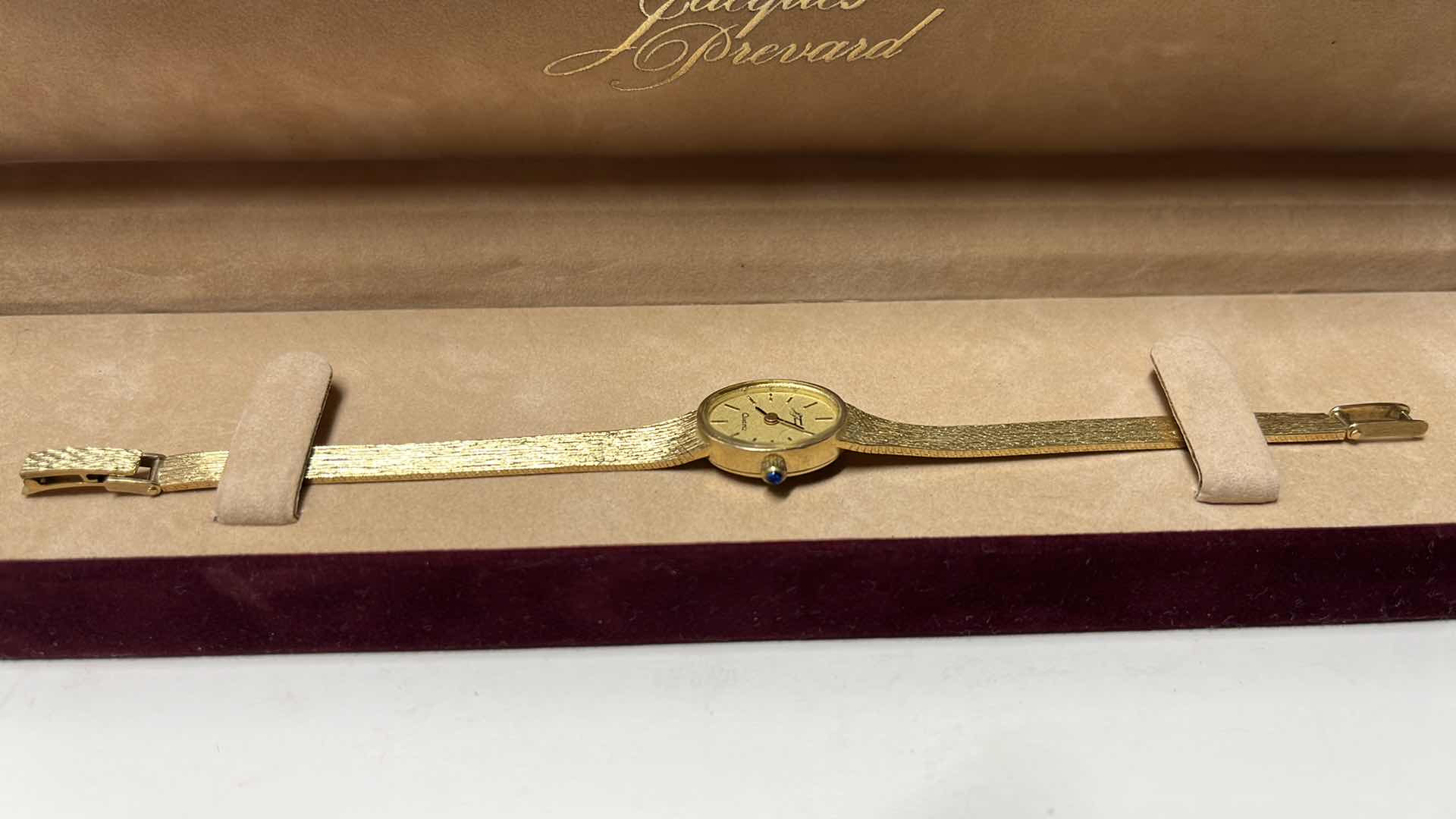 Photo 1 of JACQUES PREVARD LADIES 14K GOLD QUARTZ WRIST WATCH IN ORIGINAL BOX, .25” X 6.5”L