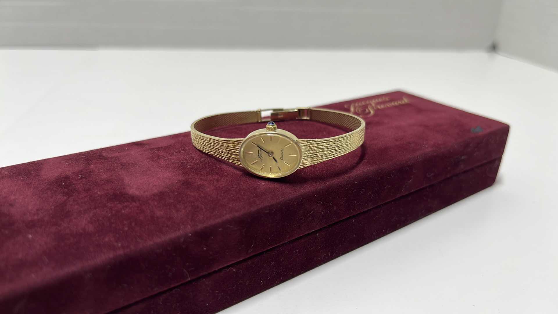 Photo 1 of JACQUES PREVARD LADIES 14K GOLD QUARTZ WRIST WATCH IN ORIGINAL BOX, .25” X 6.5”L