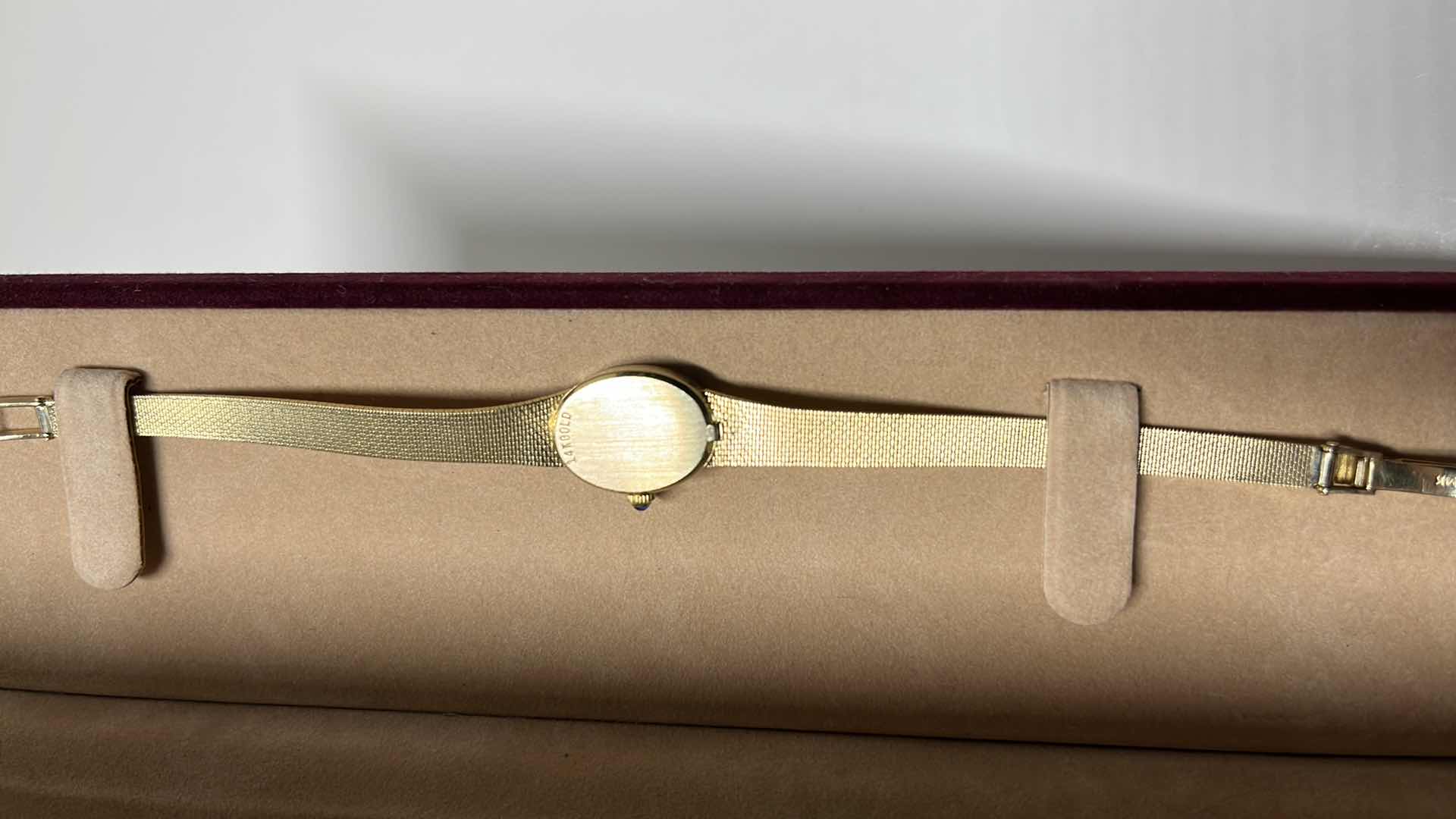 Photo 1 of JACQUES PREVARD LADIES 14K GOLD QUARTZ WRIST WATCH IN ORIGINAL BOX, .25” X 6.5”L