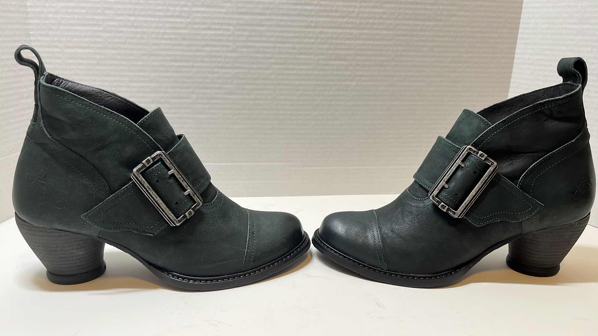 Photo 1 of JOHN FLUEVOG PORTER BUCKLED ANKLE BOOT, PEACOCK (WOMENS SIZE 8.5)