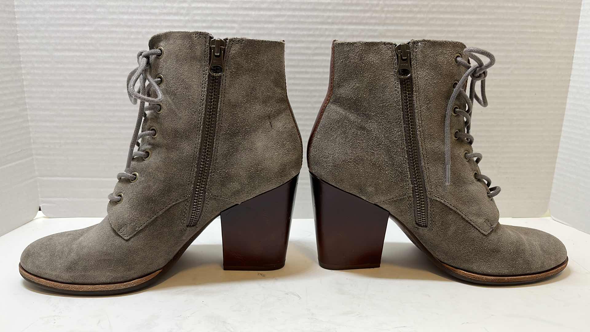 Photo 2 of KORK-EASE SUEDE LACE UP ANKLE HEELED COMBAT BOOTIES, TAUPE (WOMENS SIZE 8.5)