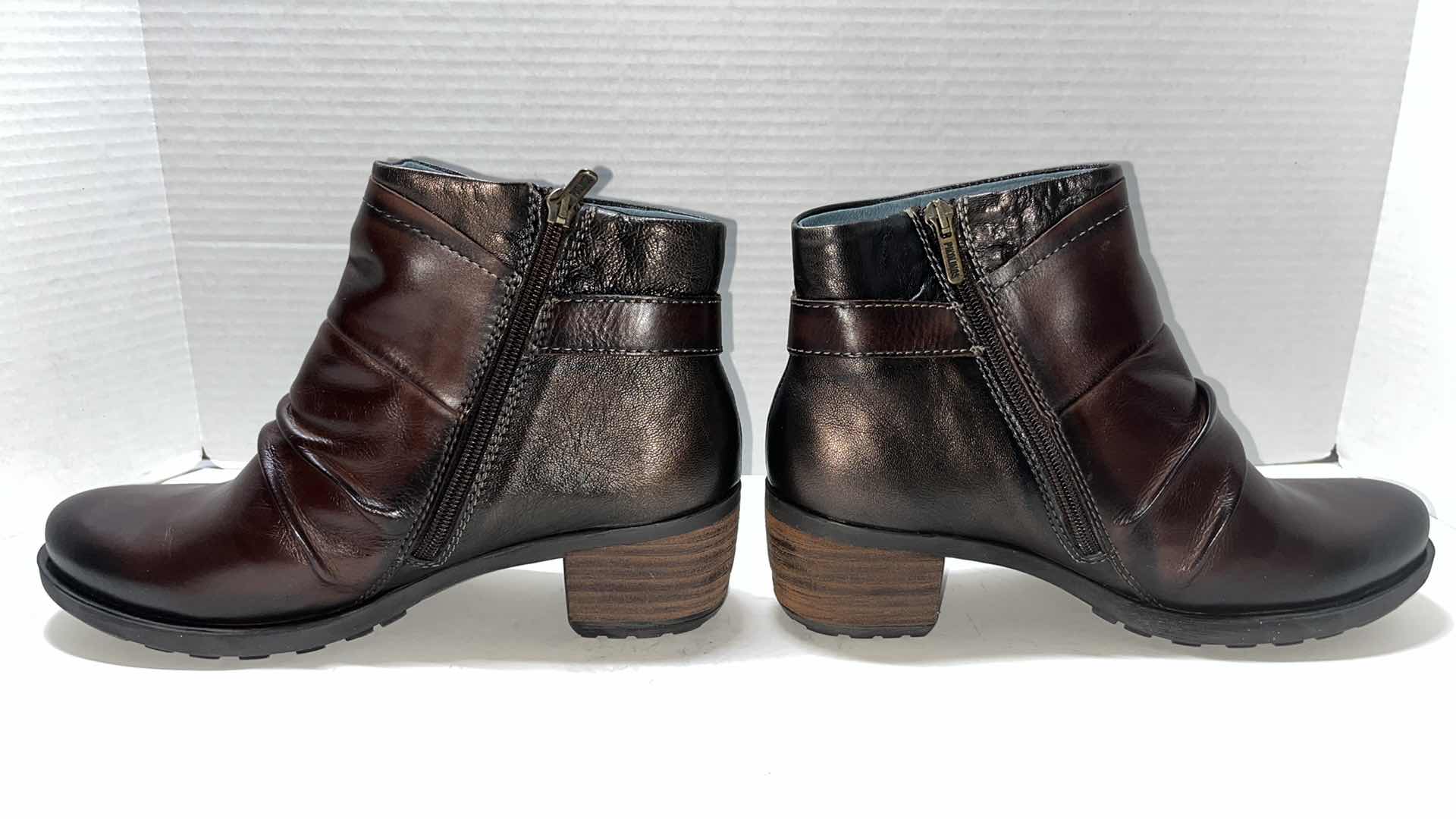 Photo 1 of  PIKOLINOS LE MANS SLOUCH STACKED HEEL LEATHER ANKLE BOOT, METALLIC/BROWN (WOMENS SIZE 39)